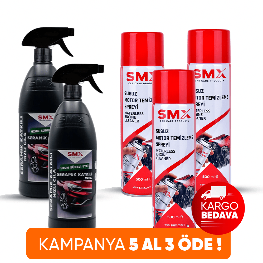 Susuz Motor Temizleme Spreyi 500 ml 3 Adet + Seramik Katkılı Hızlı ve Pratik Cila 750 ml 2 Adet 🎁 5 Adet Al, 3 Öde!