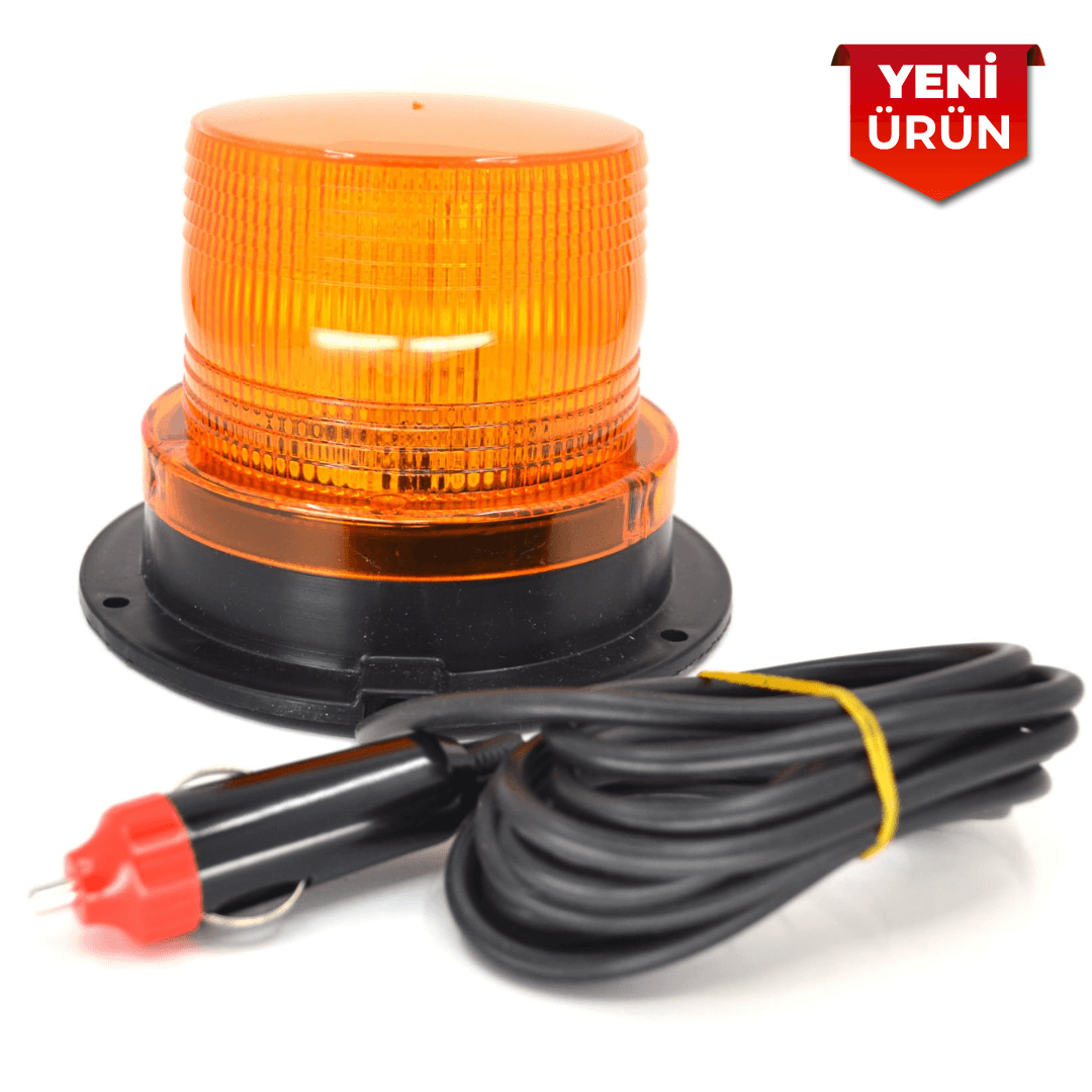 12V-100V Turuncu LED Çakar Tepe İkaz Lambası - Mıknatıslı ve Çakmak Fişli 0869