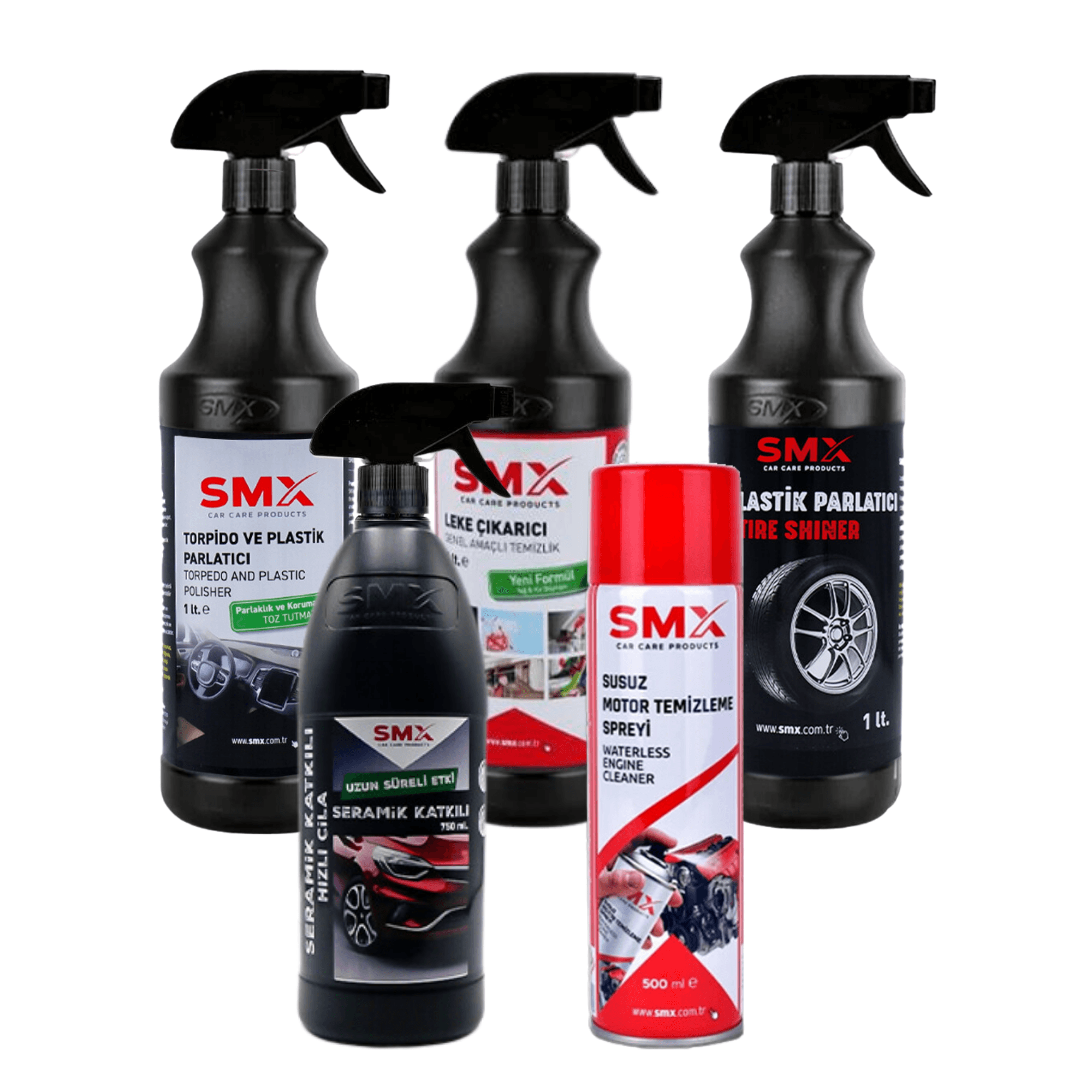 Susuz Motor Temizleme Spreyi 500 Ml + Seramik Katkılı Hızlı ve Pratik Cila750ml.+ Leke Çıkarıcı /Genel Amaçlı Temizlik Ürünü 1Lt. + Torpido ve Plastik Parlatıcı 750ml.+ Lastik Parlatıcı 1Lt.