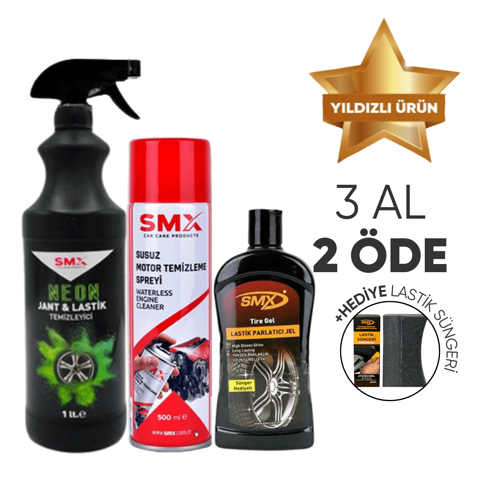  Neon Jant & Lastik Temizleyici 1 Lt.+ Jel Lastik Parlatıcı 500 Ml+Susuz Motor Temizleyici 500Ml+ Sünger Hediye