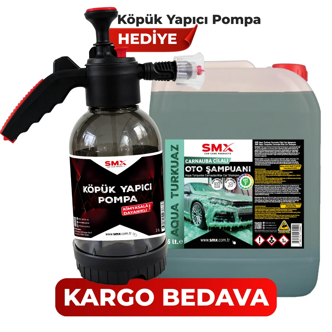 Aqua Turkuaz Carnauba Cilalı Turkuaz Oto Şampuanı 5 Litre +🎁 HEDİYE KÖPÜK Yapıcı Kimyasal Dayanımlı Basınçlı Pompa 2 Litre