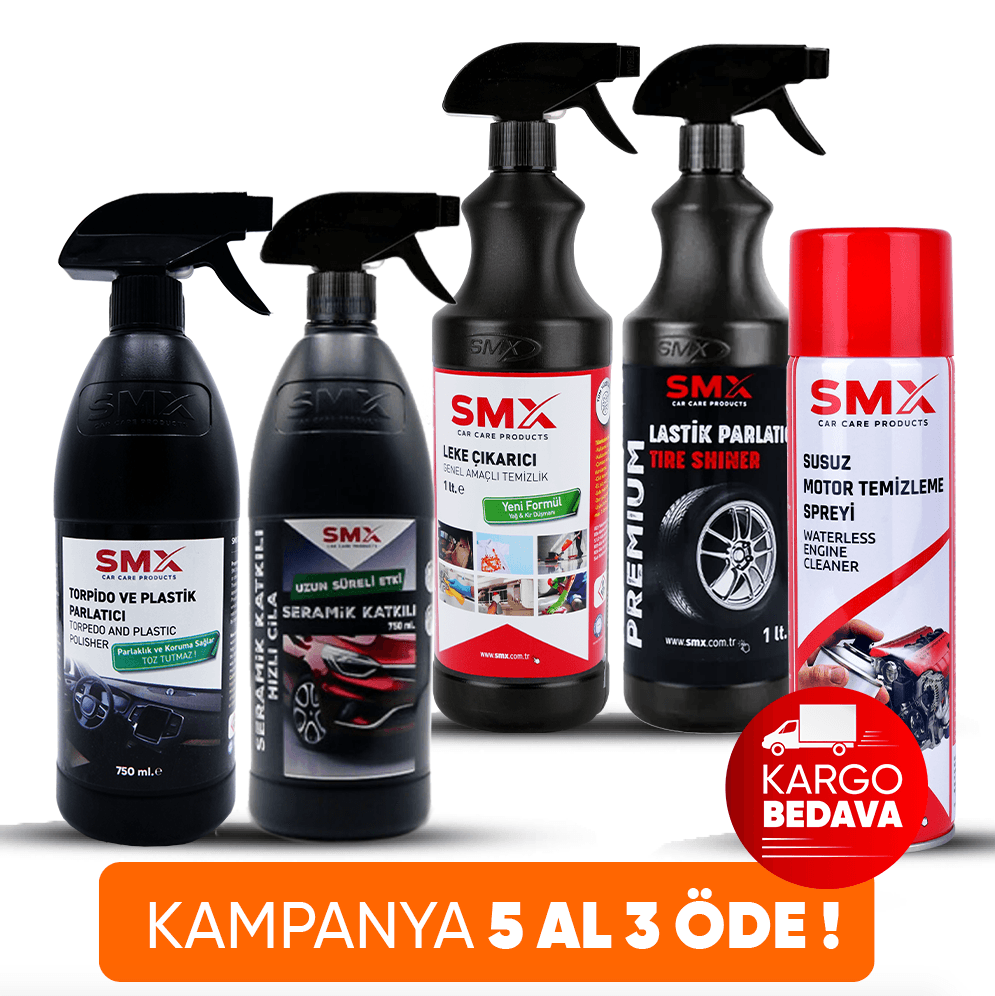 Susuz Motor Temizleme Spreyi 500 Ml + Seramik Katkılı Hızlı ve Pratik Cila750ml.+ Leke Çıkarıcı /Genel Amaçlı Temizlik Ürünü 1Lt. + Torpido ve Plastik Parlatıcı 750ml.+ Lastik Parlatıcı 1Lt.