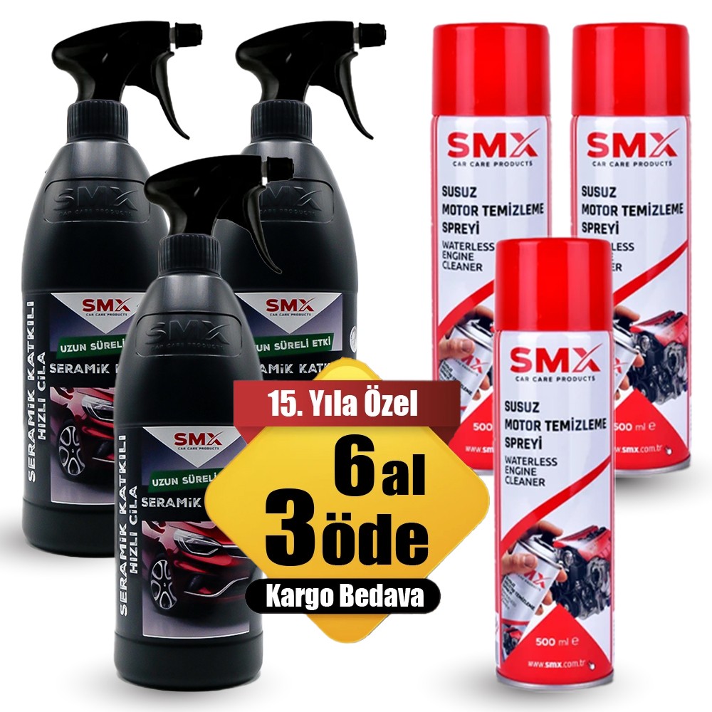 Susuz Motor Temizleme Spreyi 500 ml 3 Adet + Seramik Katkılı Hızlı ve Pratik Cila 750 ml 3 Adet 🎁 6 Adet Al, 3 Öde!