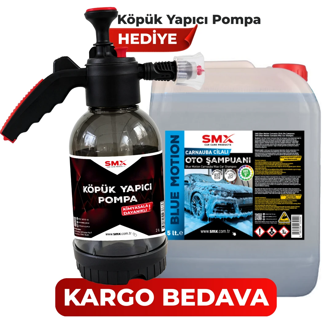 Blue Motion Carnauba Cilalı Mavi Oto Şampuanı 5 Litre +🎁 HEDİYE KÖPÜK Yapıcı Kimyasal Dayanımlı Basınçlı Pompa 2 Litre