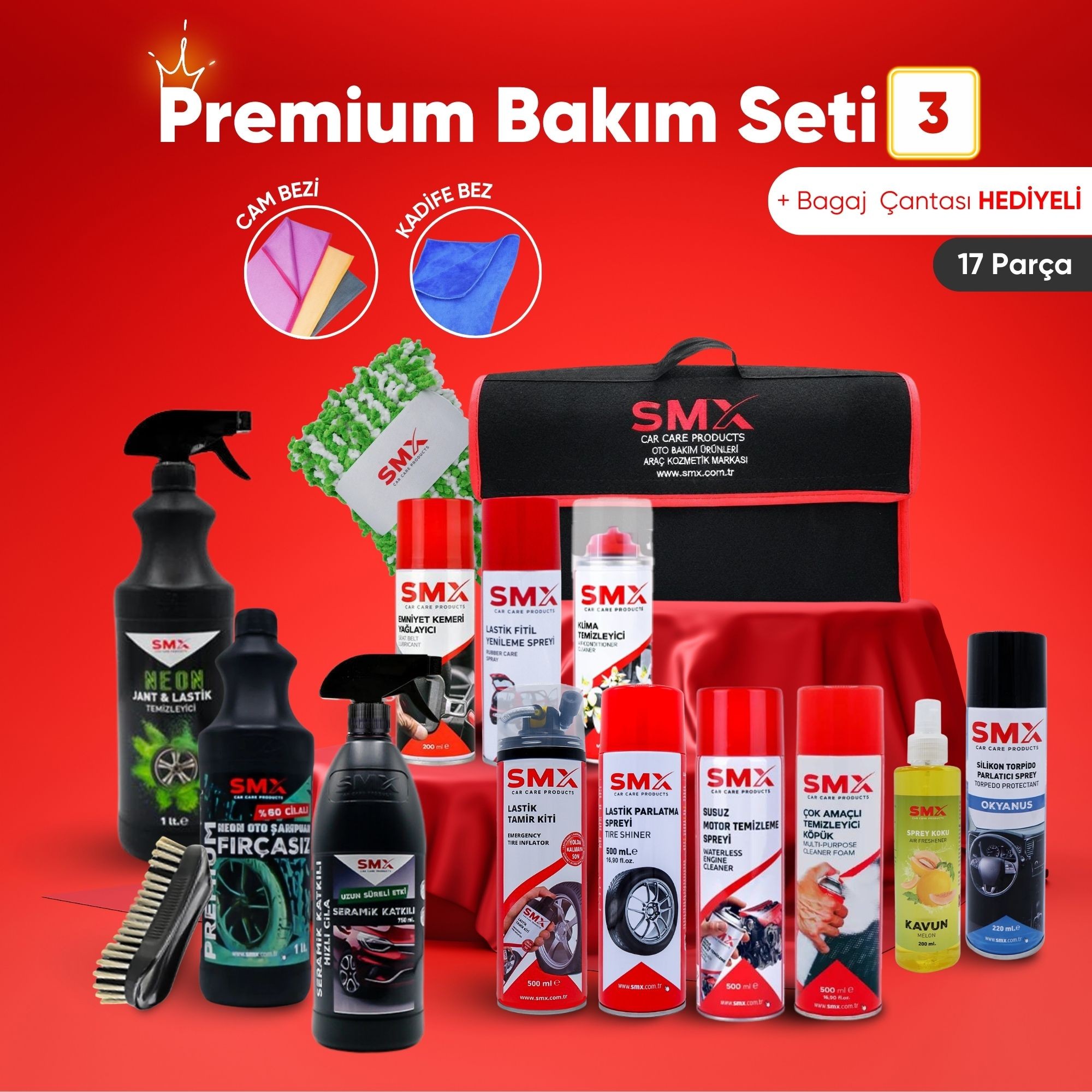 👑 Premium Bakım Seti (3) ⚡️17 Parça Ürün +Bagaj Çantası (Net %10 İndirim🎯)