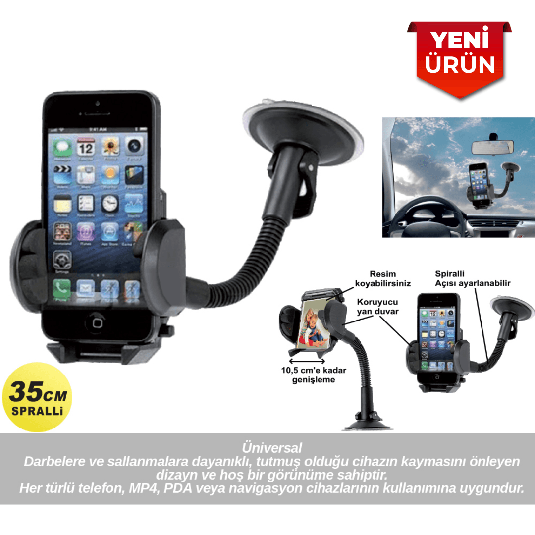 Araç İçi Telefon Tutucu 35 cm Spiralli Vakumlu Vantuzlu Telefon Tutucu BR5901951