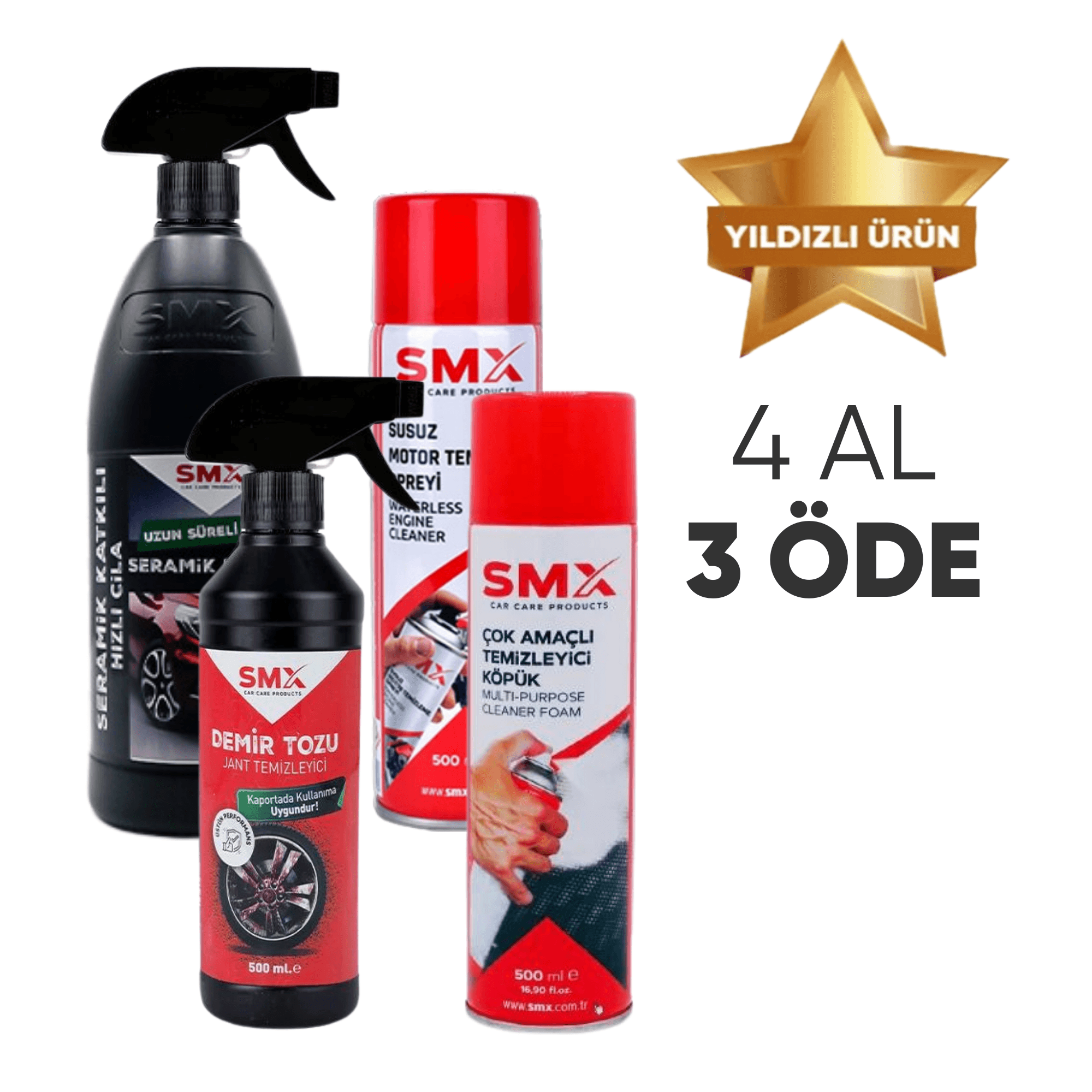 Seramik Katkılı Hızlı ve Pratik Cila 750ml.+ Susuz Motor Temizleyici 500 Ml+Çok Amaçlı Temizleyici Köpük 500 ml+Demir Tozu &Jant Temizleyici 500 ml 🎁 4 Adet Al, 3 Öde! 