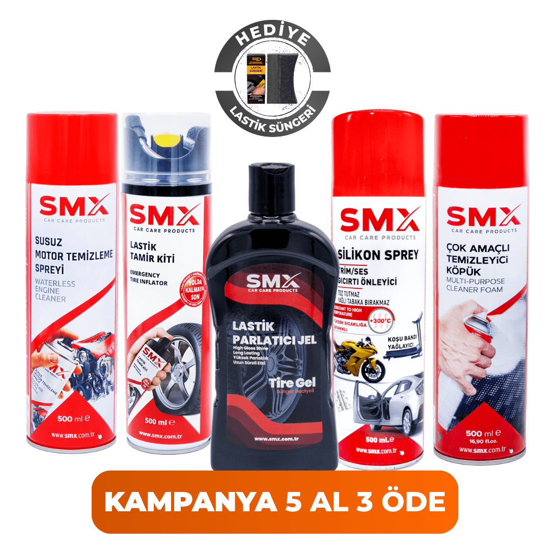  Silikon Sprey Trim-Ses-Gıcırtı Önleyici 500 Ml + Lastik Tamir Kiti 500 Ml + Susuz Motor Temizleyici 500 Ml + Çok Amaçlı Temizleyici Köpük 500 ml + Jel Lastik Parlatıcı 500 ml 🎁 5 Adet Al, 3 Öde!