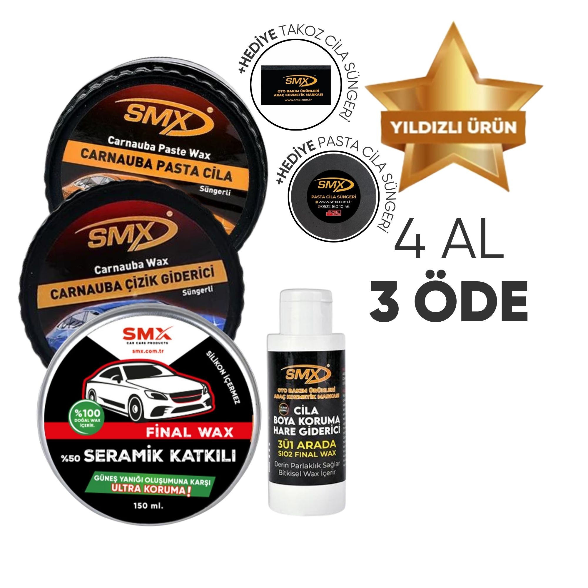 3ü1 Arada Hare Giderici 100ml +Çizik Giderici 270gr  + Pasta Cila 270gr + Final Wax 150ml+ Hediye Takoz Cila Süngeri 🎁 4 Adet Al, 3 Öde!