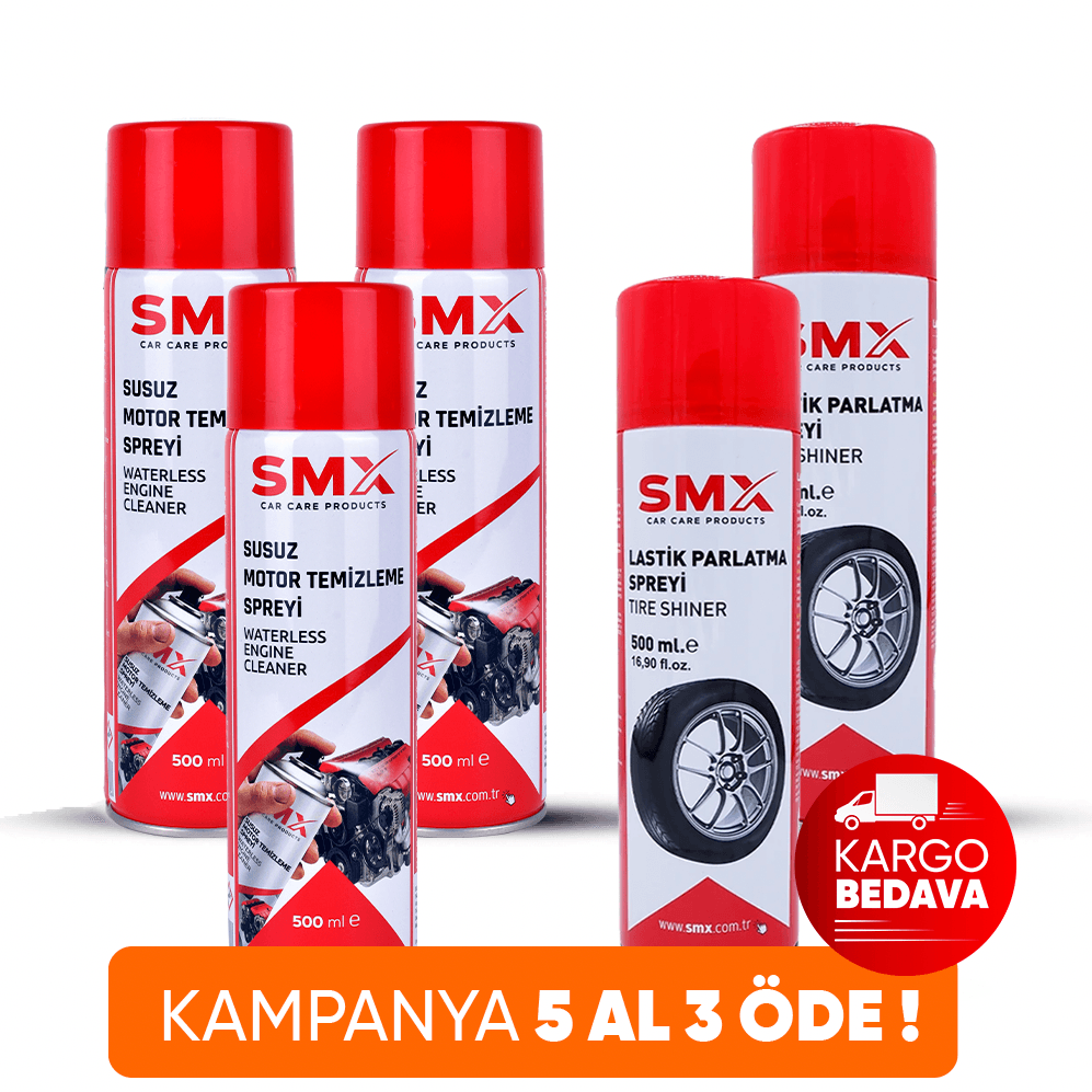 Susuz Motor Temizleme Spreyi 500 ml 3 Adet + Lastik parlatma Spreyi 500 Ml 2 Adet 🎁 5 Adet Al, 3 Öde!