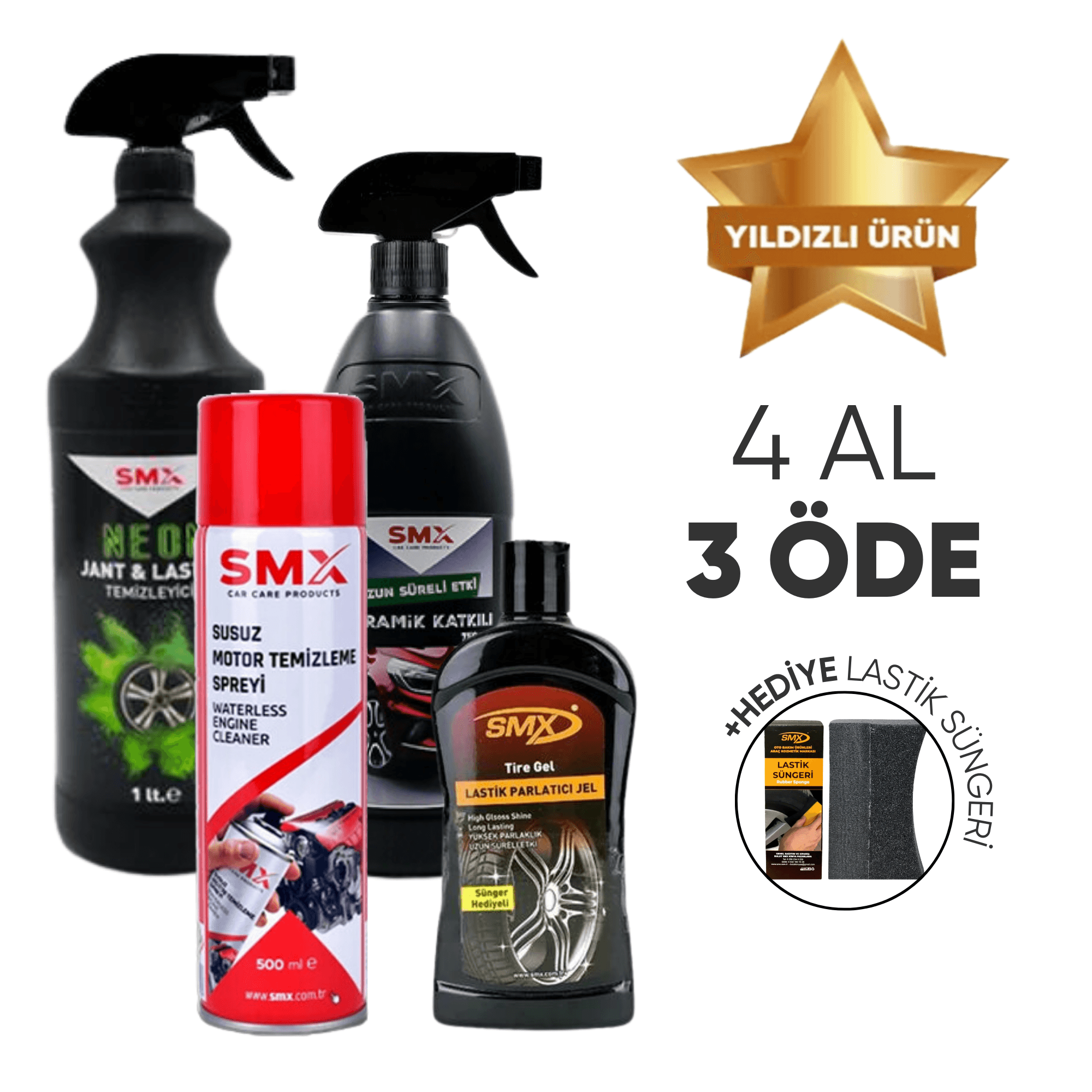 Seramik Katkılı Hızlı ve Pratik Cila 750ml.+ Susuz Motor Temizleyici 500 Ml+Neon Jant Temizleyici 1 Lt.+Jel Lastik Parlatıcı 500ml 🎁 4 Adet Al, 3 Öde! 