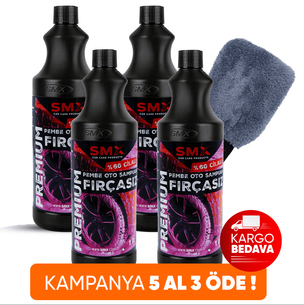 Pembe %60 Cilalı Fırçasız Oto Şampuanı 1Lt. 4 Adet + Mikrofiber Oto Yıkama Eldiveni