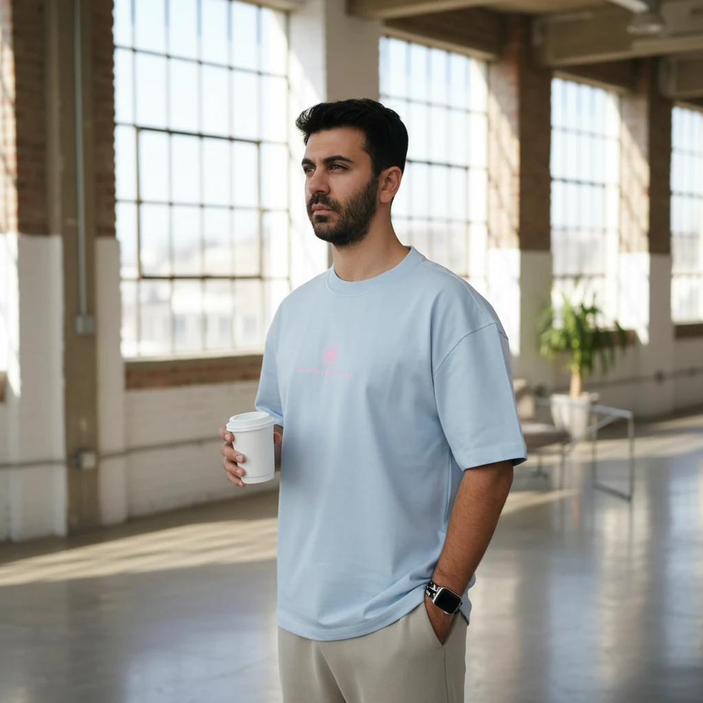 Oversize Unisex First Coffee Then Everything Nakışlı T-Shirt Açık Mavi