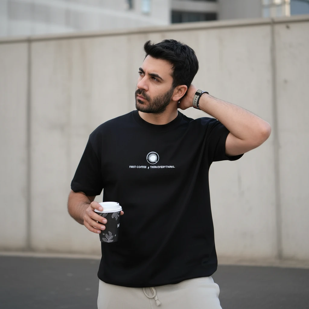 Oversize Unisex First Coffee Then Everything Nakışlı T-Shirt Siyah