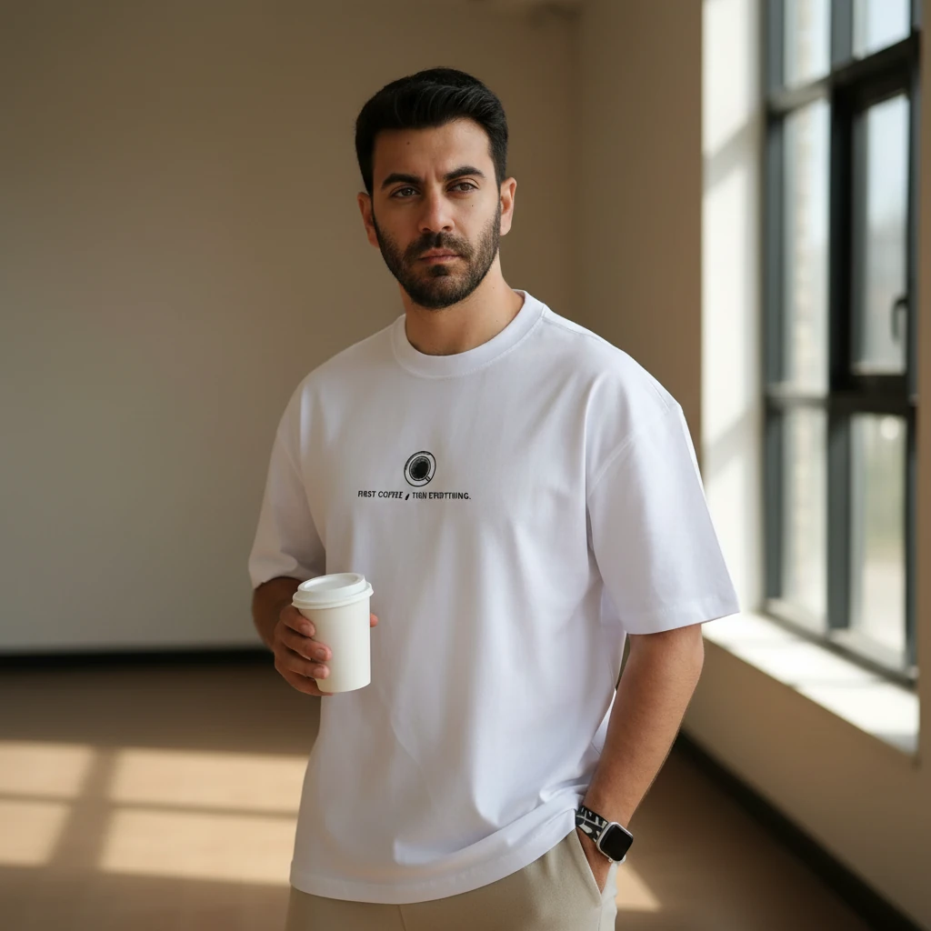 Oversize Unisex First Coffee Then Everything Nakışlı T-Shirt Beyaz