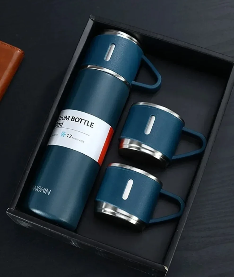 Bardaklı Vakumlu Termos Seti Paslanmaz Çelik Çift Katman