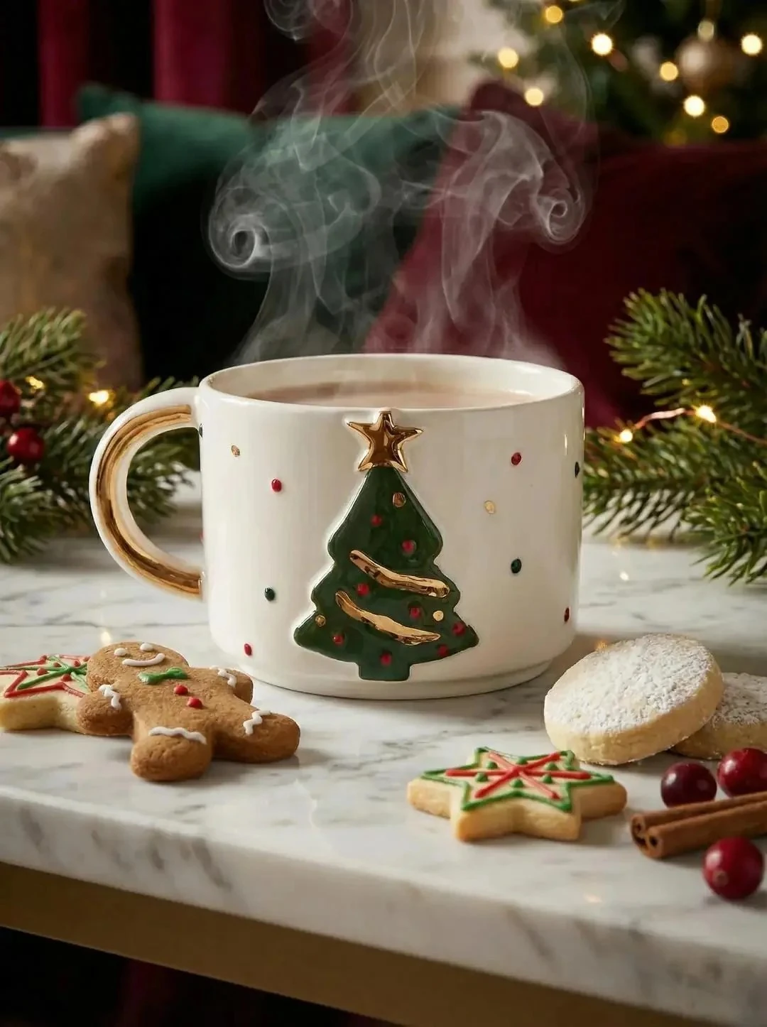 Özel Tasarım El Yapımı Seramik Bardak Yılbaşı Ağaçlı