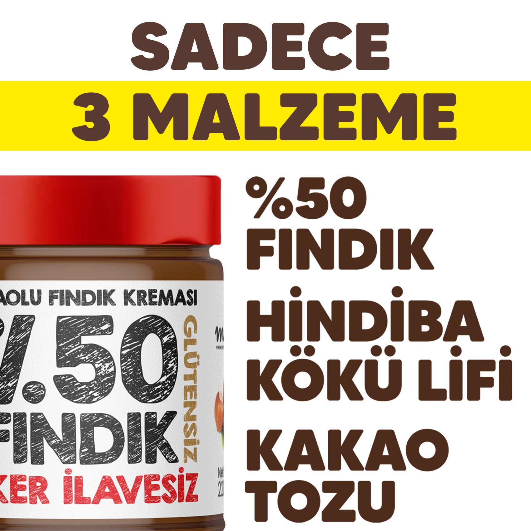 %50 Fındıklı Kakaolu Fındık Kreması - Sadece 3 Ham Madde İle Üretilmiştir - 3 ADET