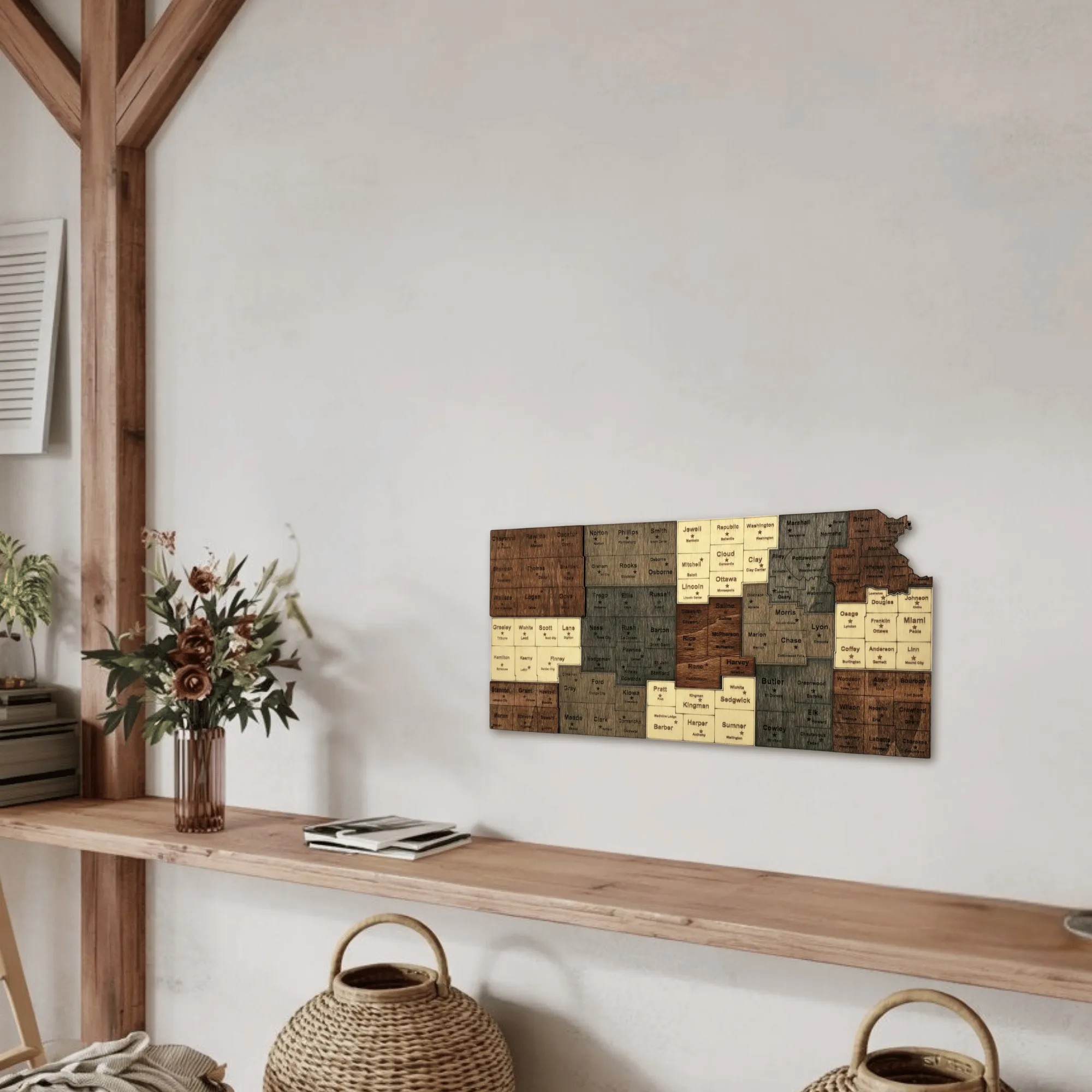 Wooden Kansas State Map – Grouped Counties Edition