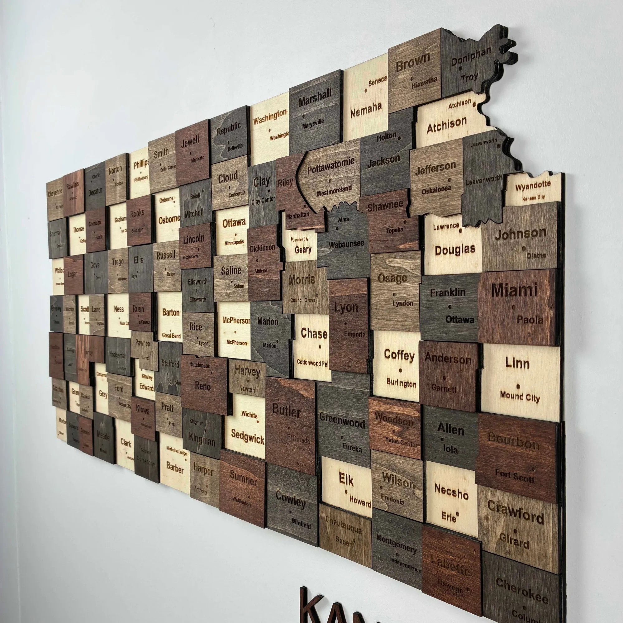 Wooden Kansas State Map