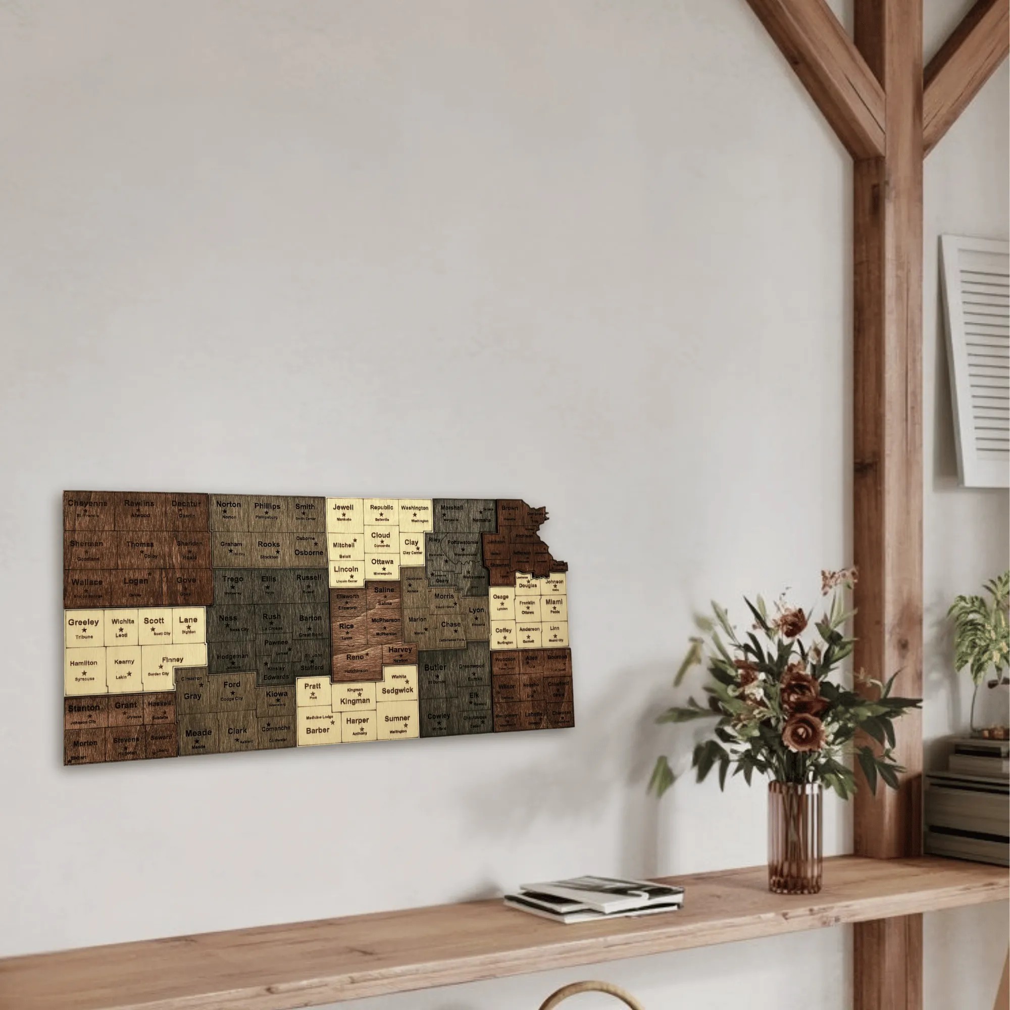 Wooden Kansas State Map – Grouped Counties Edition