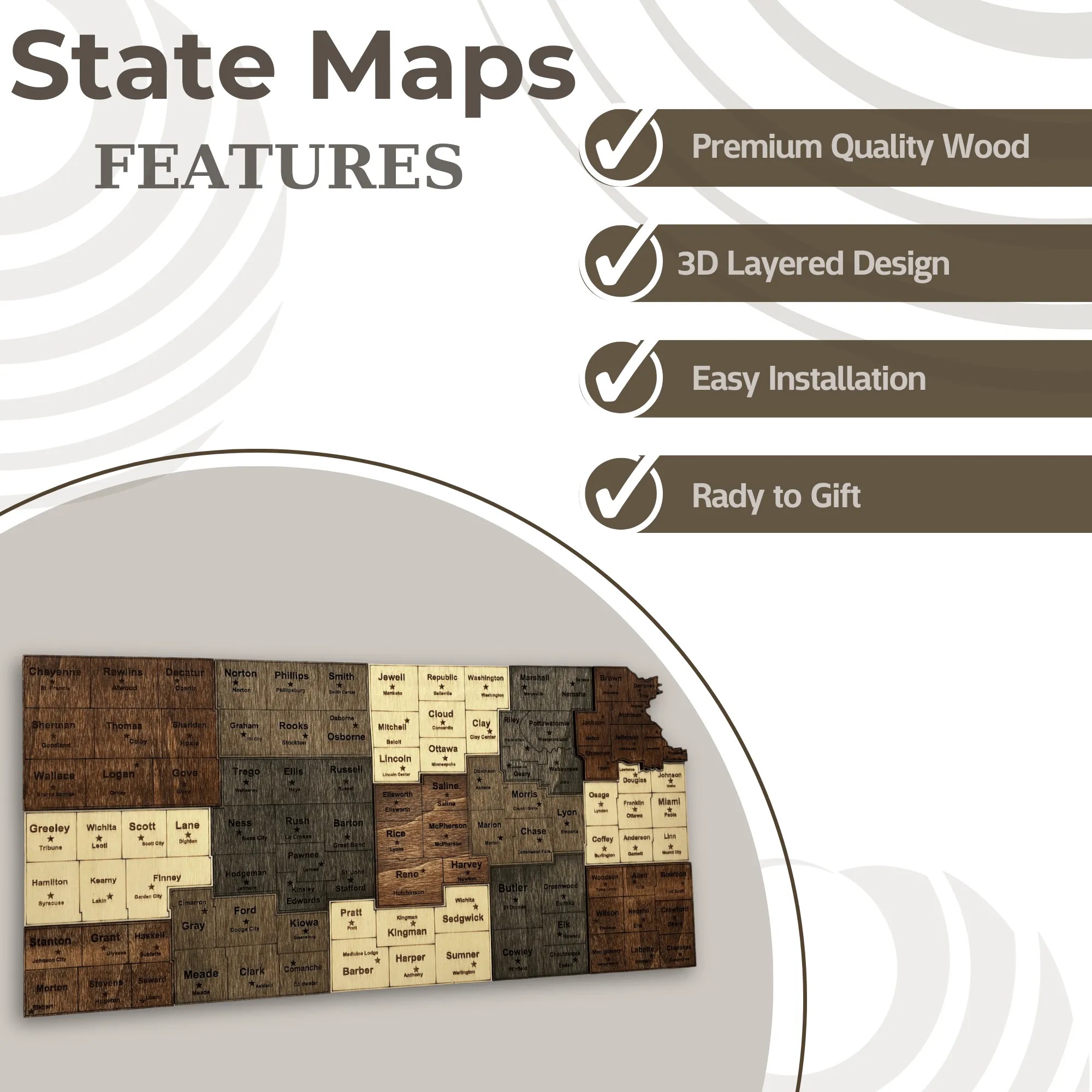 Wooden Kansas State Map – Grouped Counties Edition