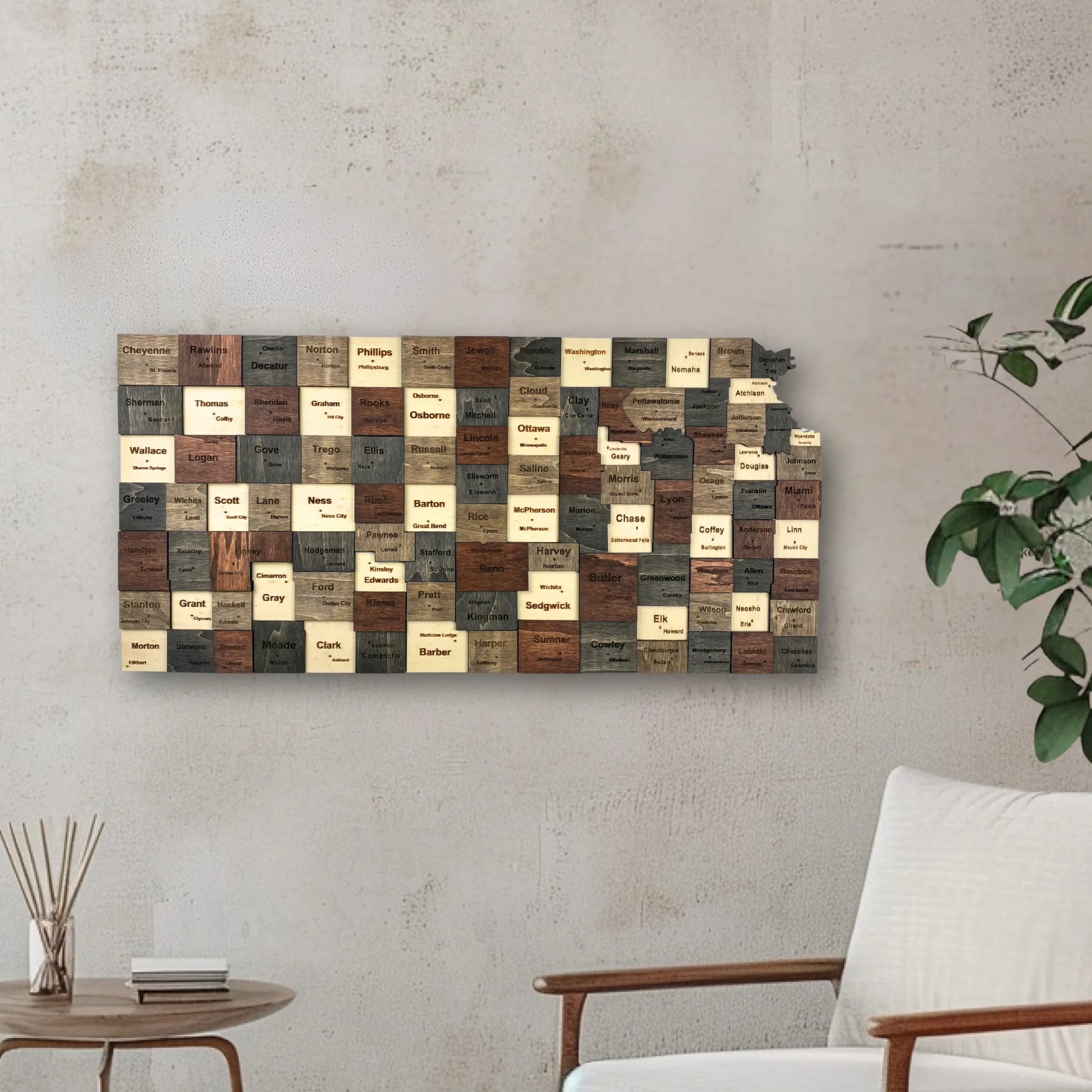 Wooden Kansas State Map