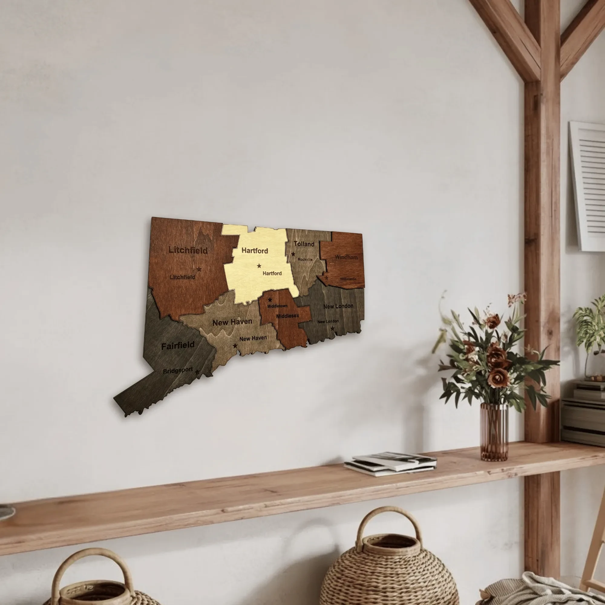 Wooden Connecticut State Map