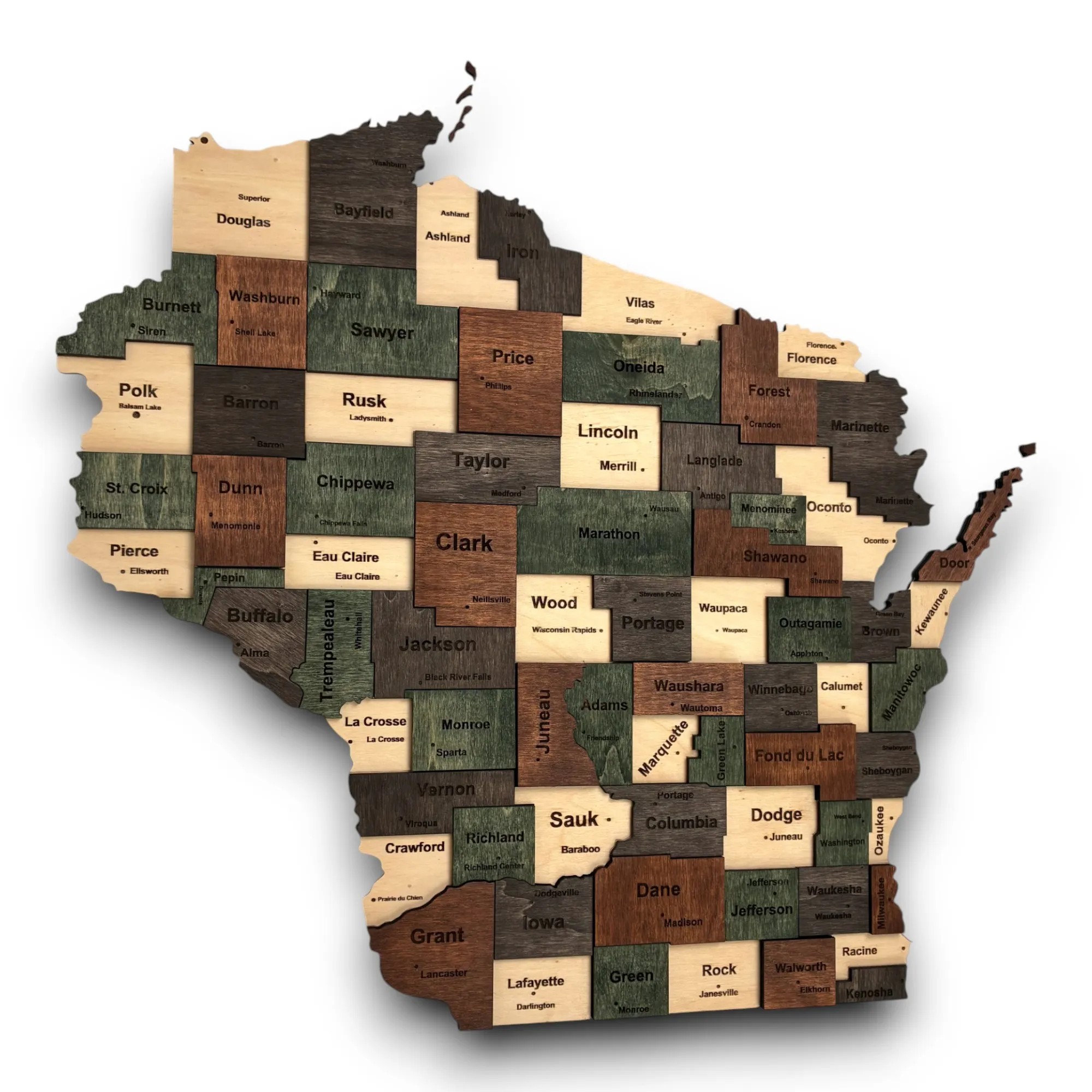 Wooden Wisconsin State Map - Emerald (Green)