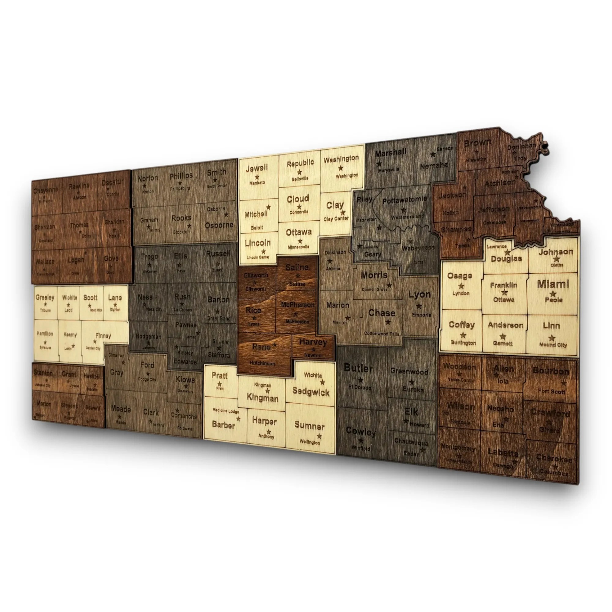 Wooden Kansas State Map – Grouped Counties Edition - Mocha (Brown)