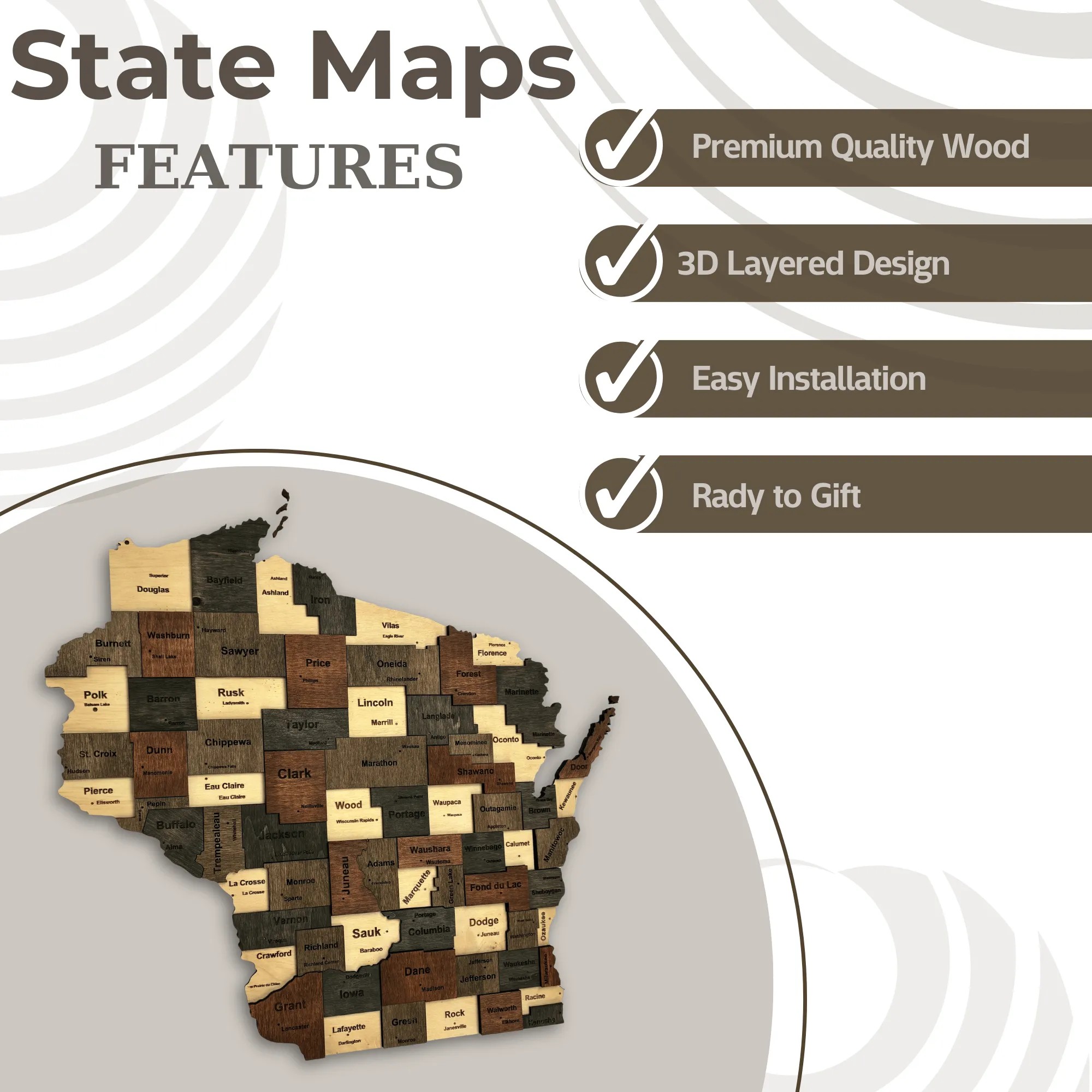 Wooden Wisconsin State Map