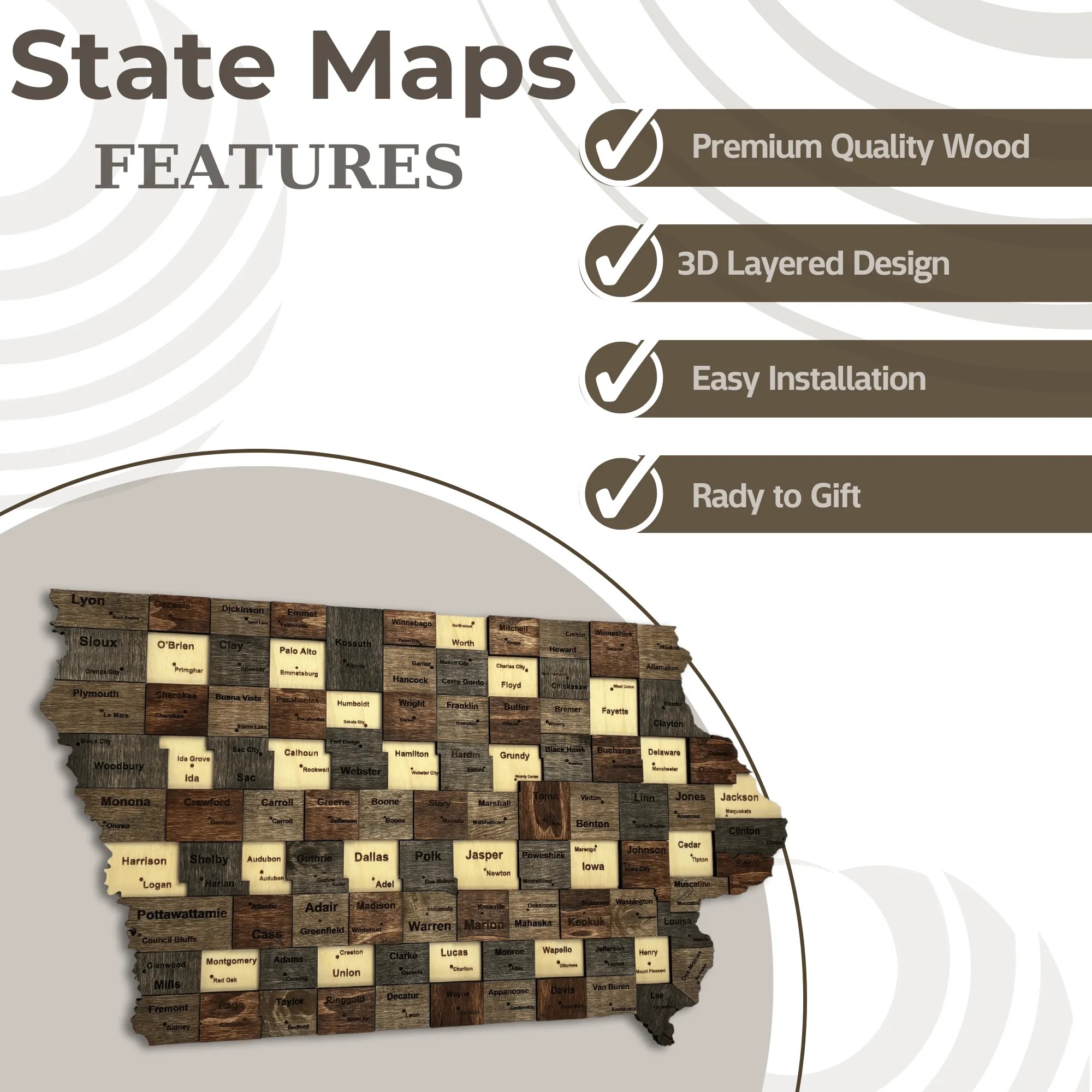Wooden Iowa State Map