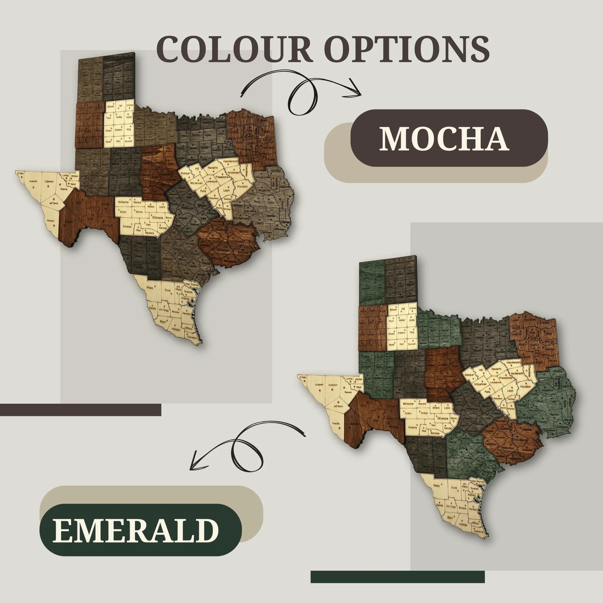 Wooden Texas State Map – Grouped Counties Edition