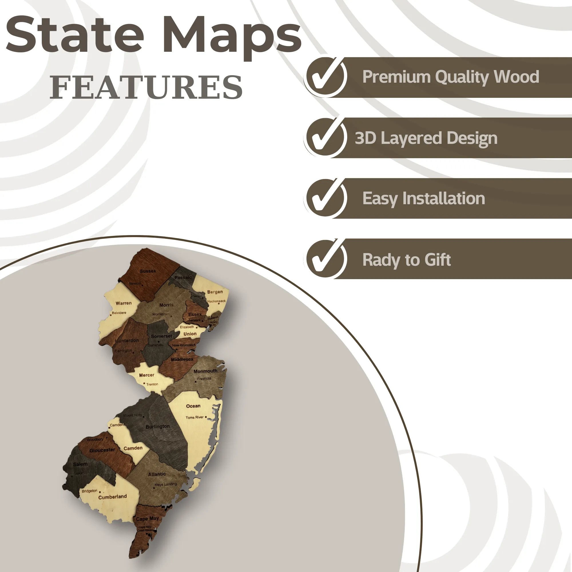 Wooden New Jersey State Map