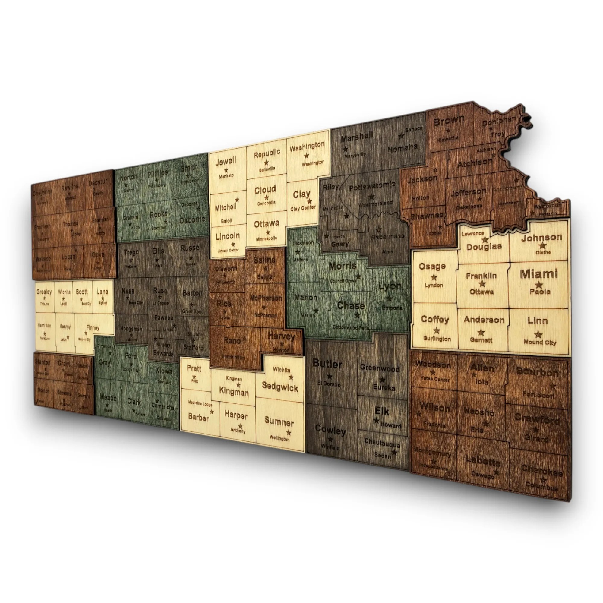 Wooden Kansas State Map – Grouped Counties Edition - Emerald (Green)