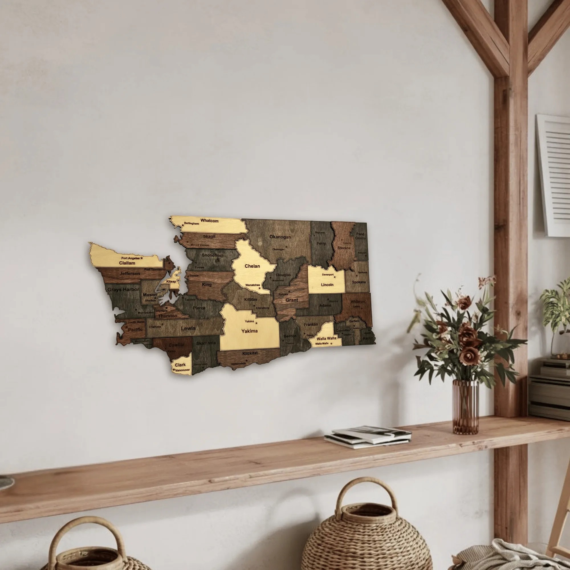 Wooden Washington State Map