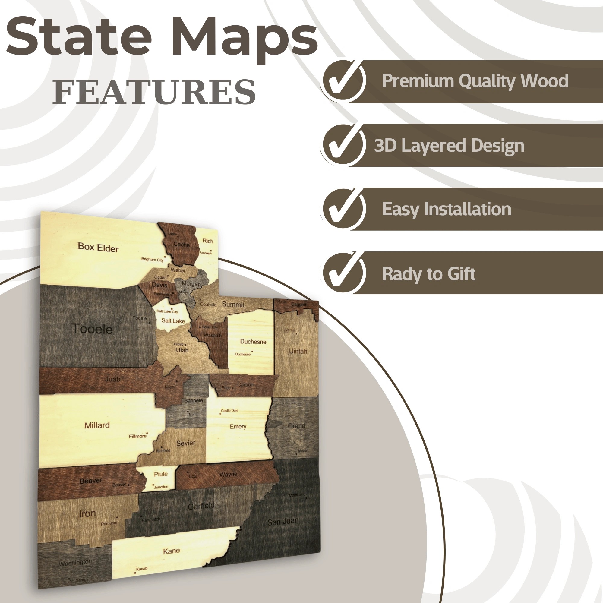 Wooden Utah State Map