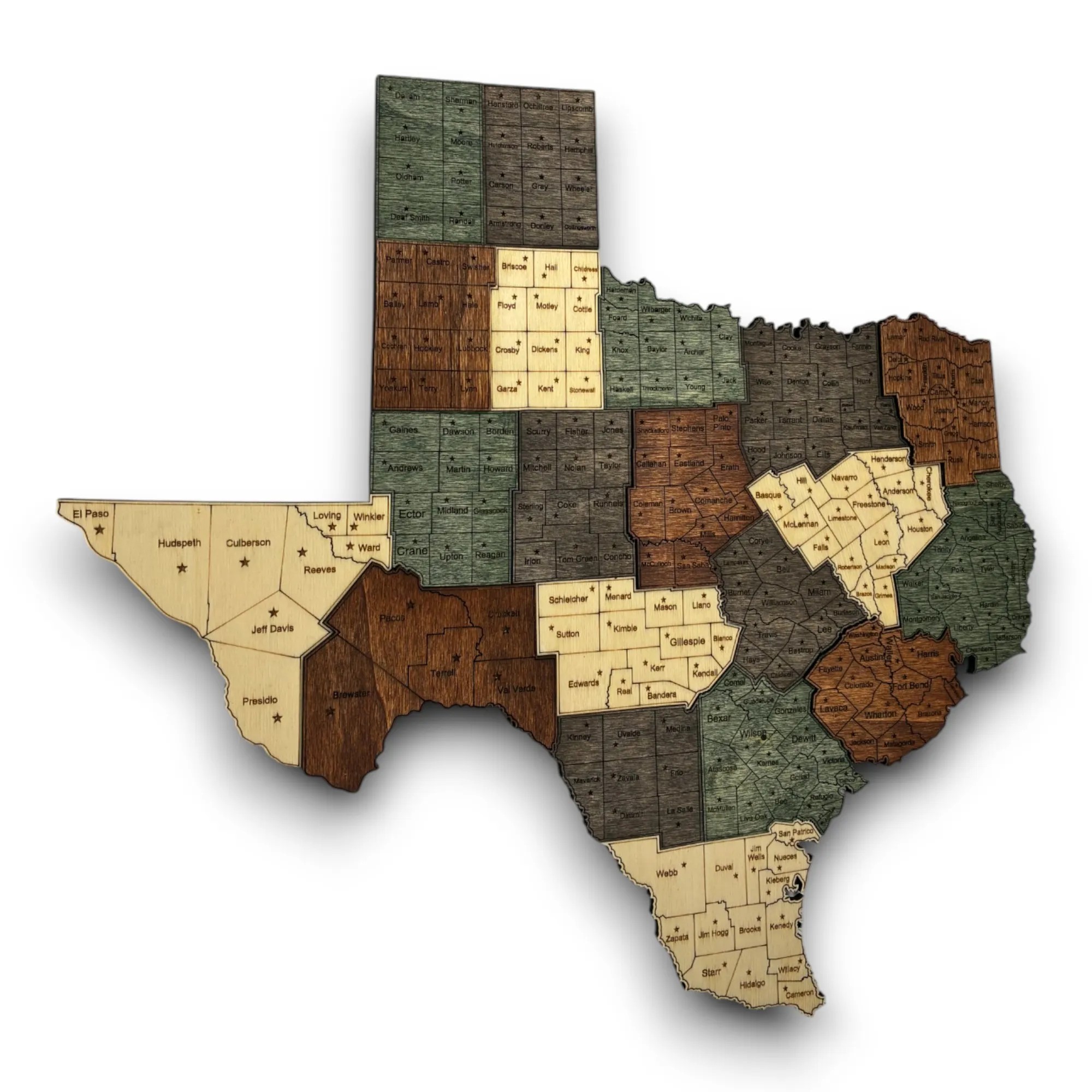 Wooden Texas State Map – Grouped Counties Edition - Emerald (Green)