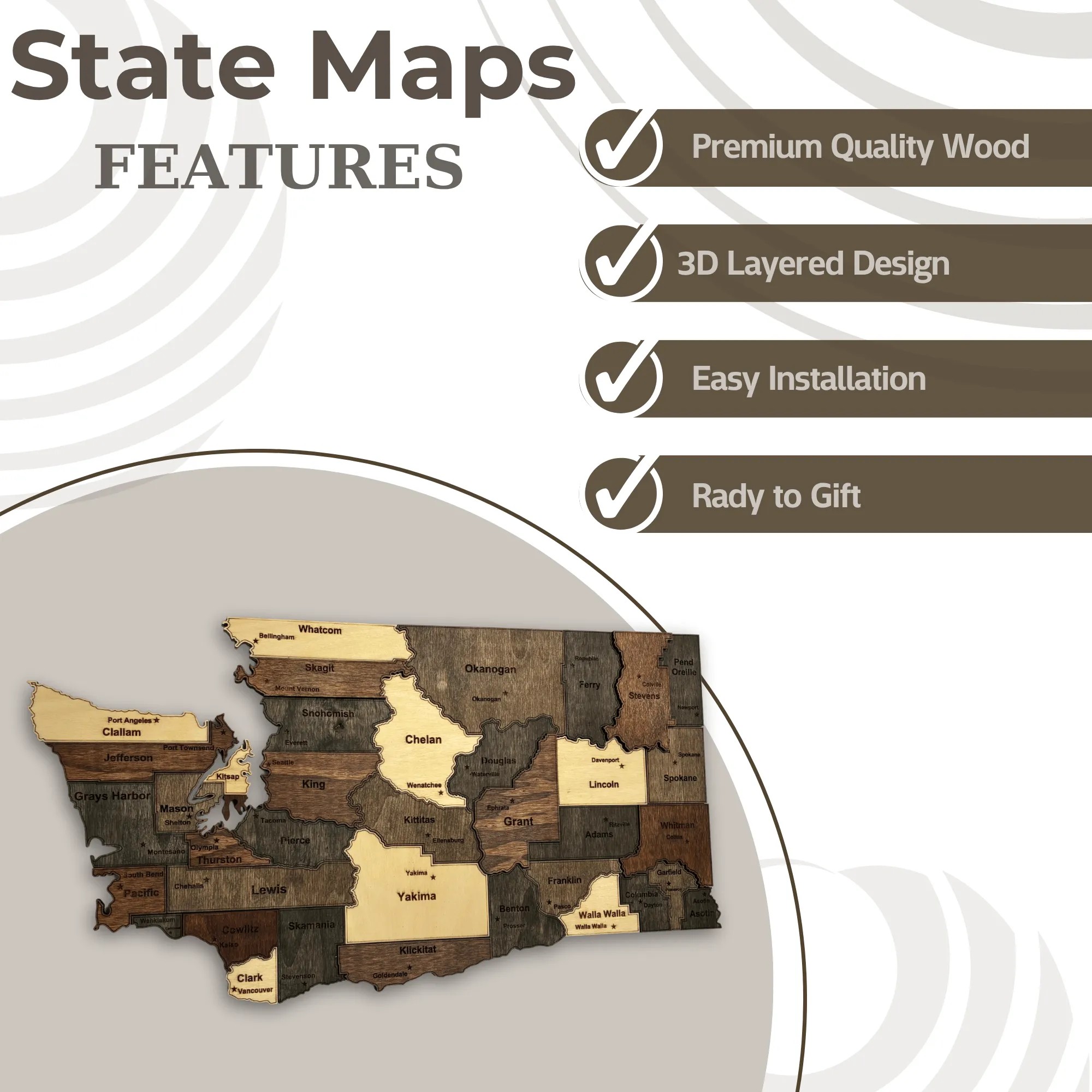 Wooden Washington State Map