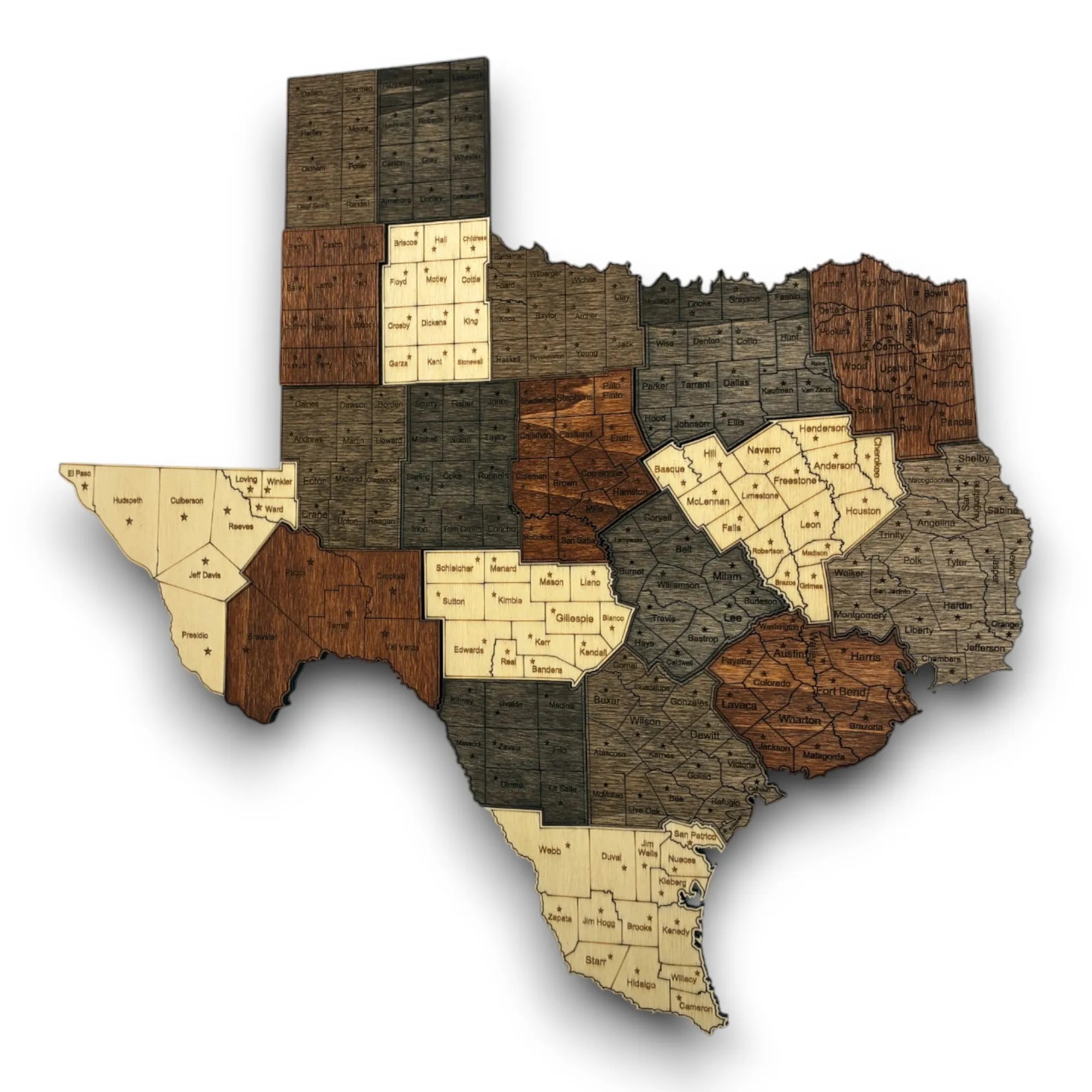 Wooden Texas State Map – Grouped Counties Edition - Mocha (Brown)