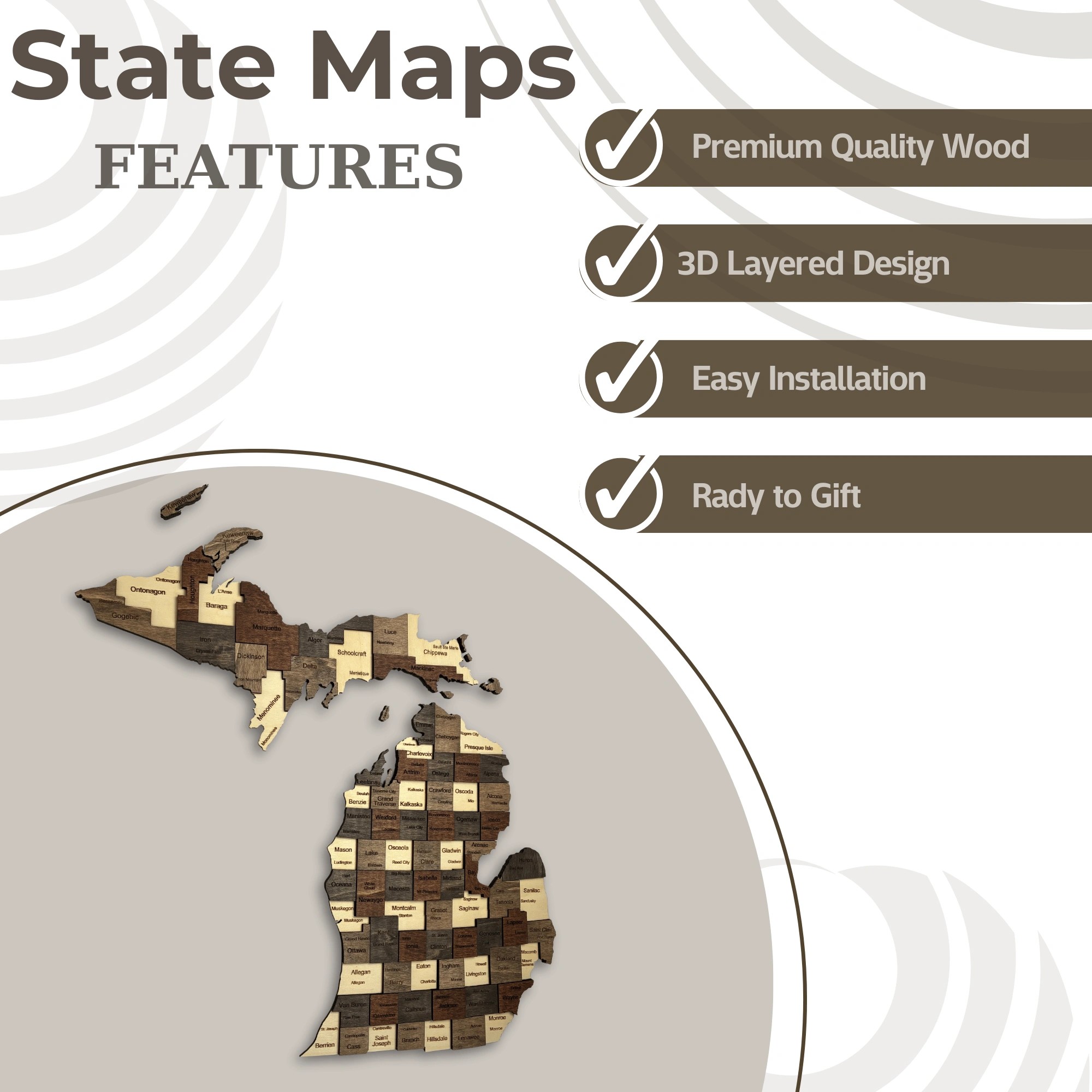 Wooden Michigan State Map