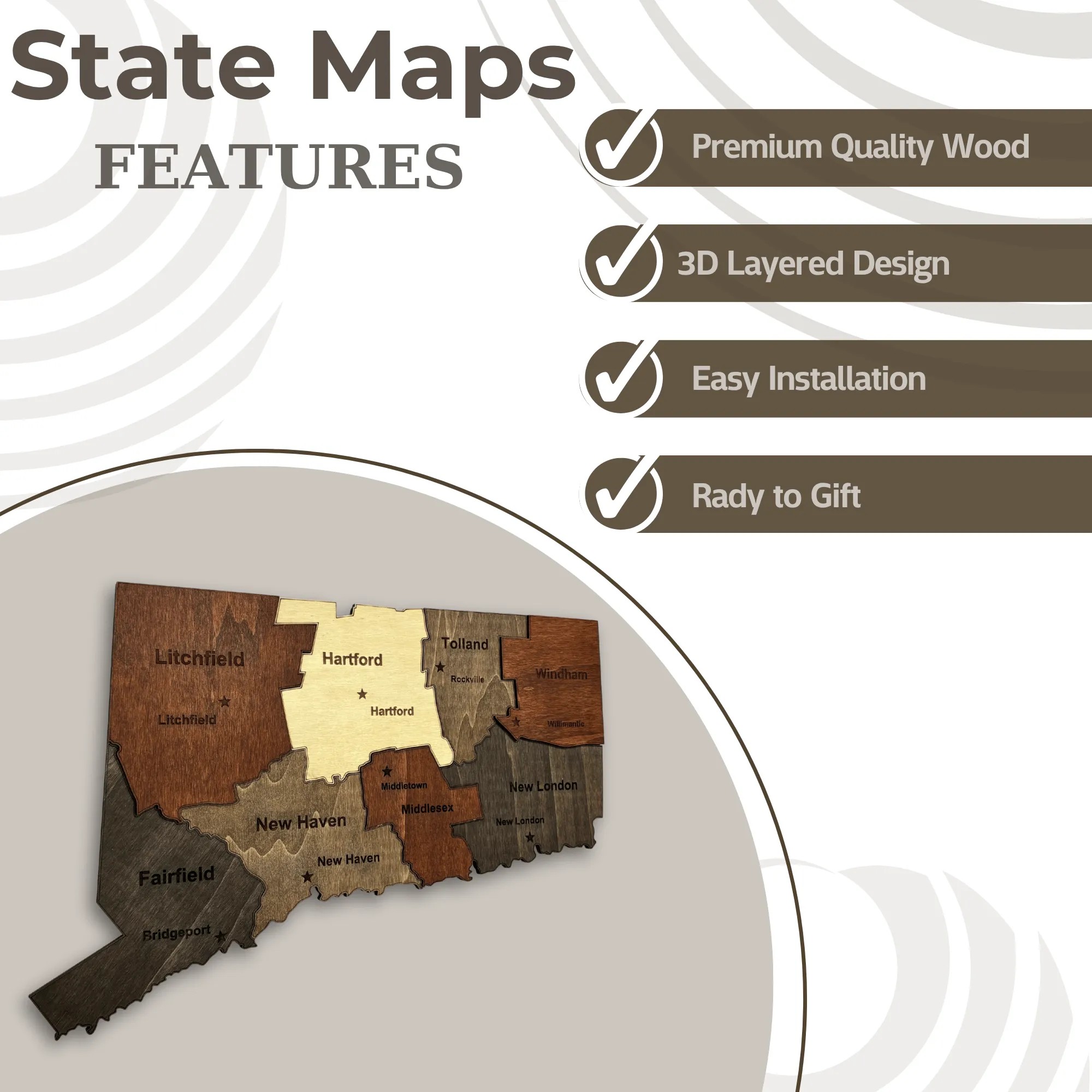 Wooden Connecticut State Map