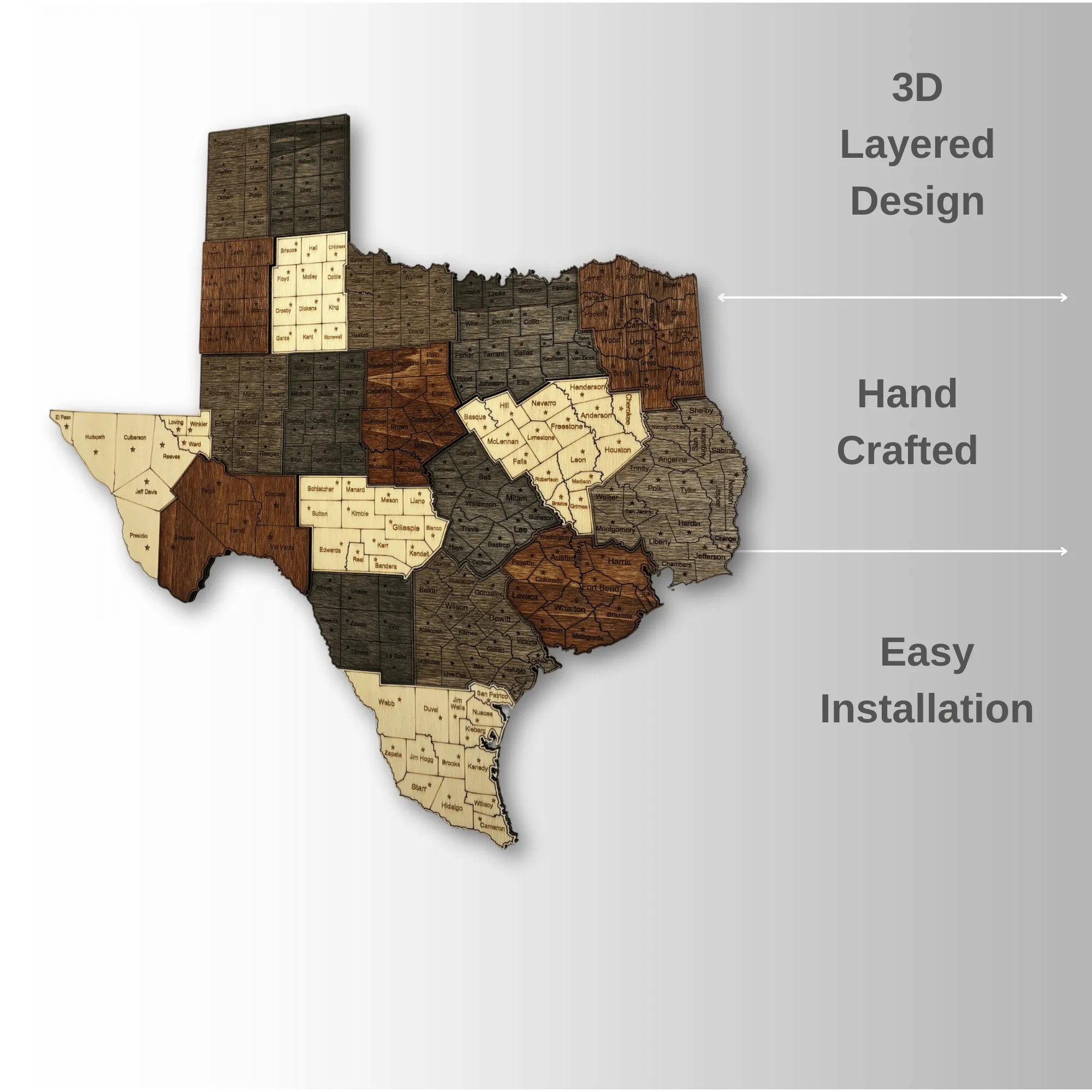 Wooden Texas State Map – Grouped Counties Edition