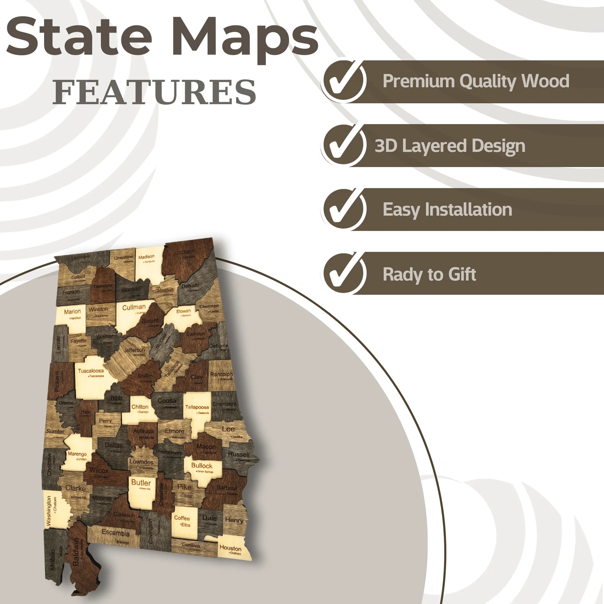 Wooden Alabama State Map