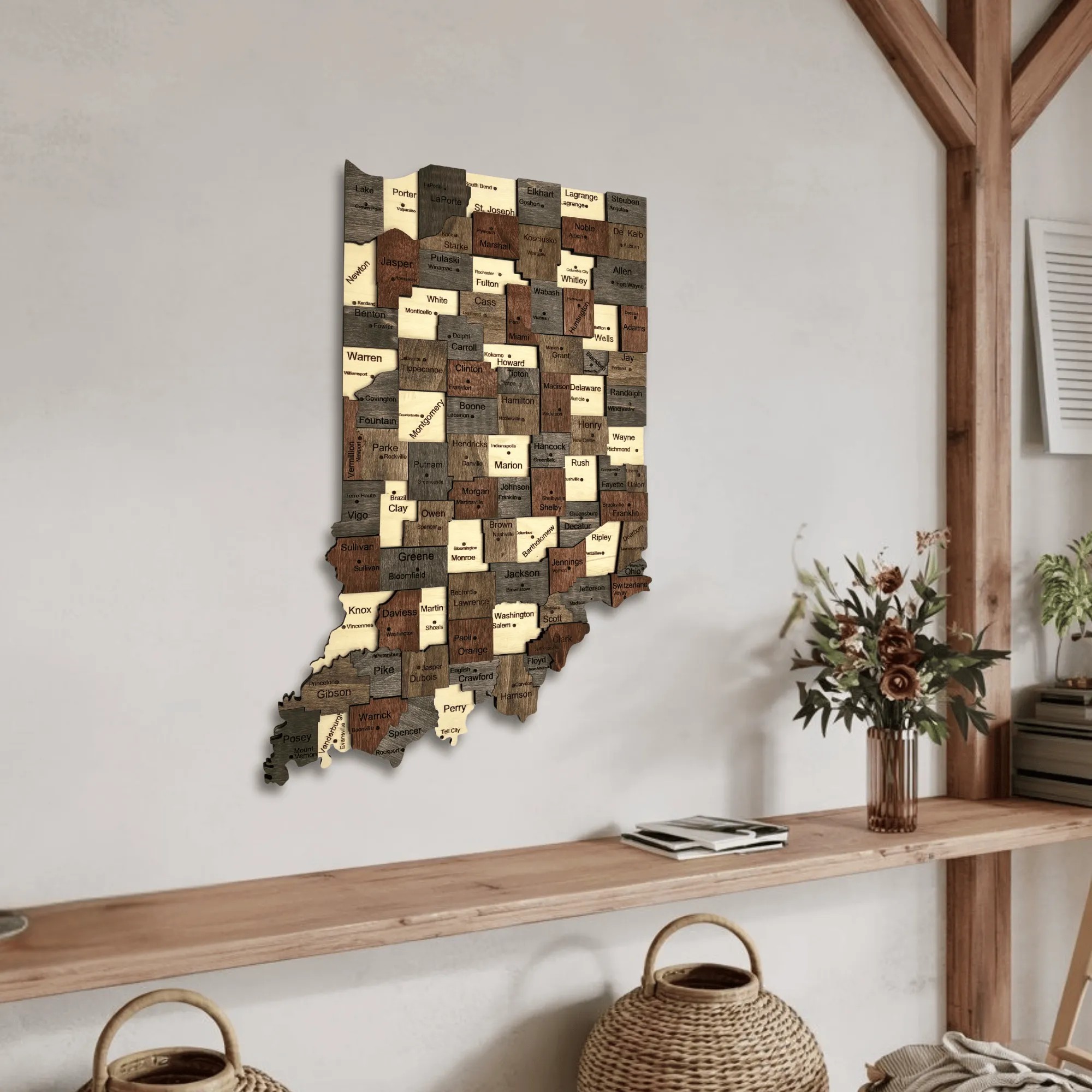 Wooden Indiana State Map