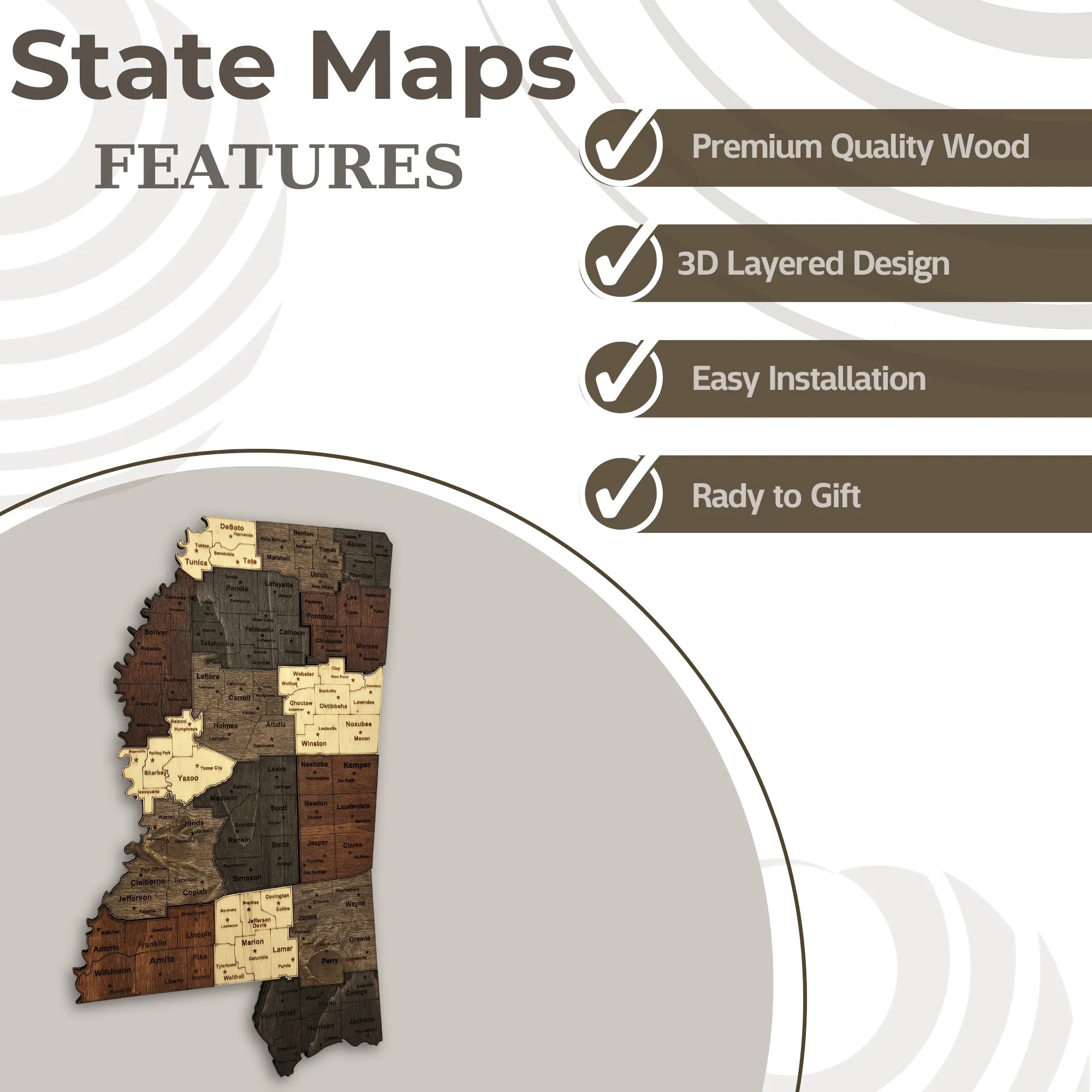 Wooden Mississippi State Map