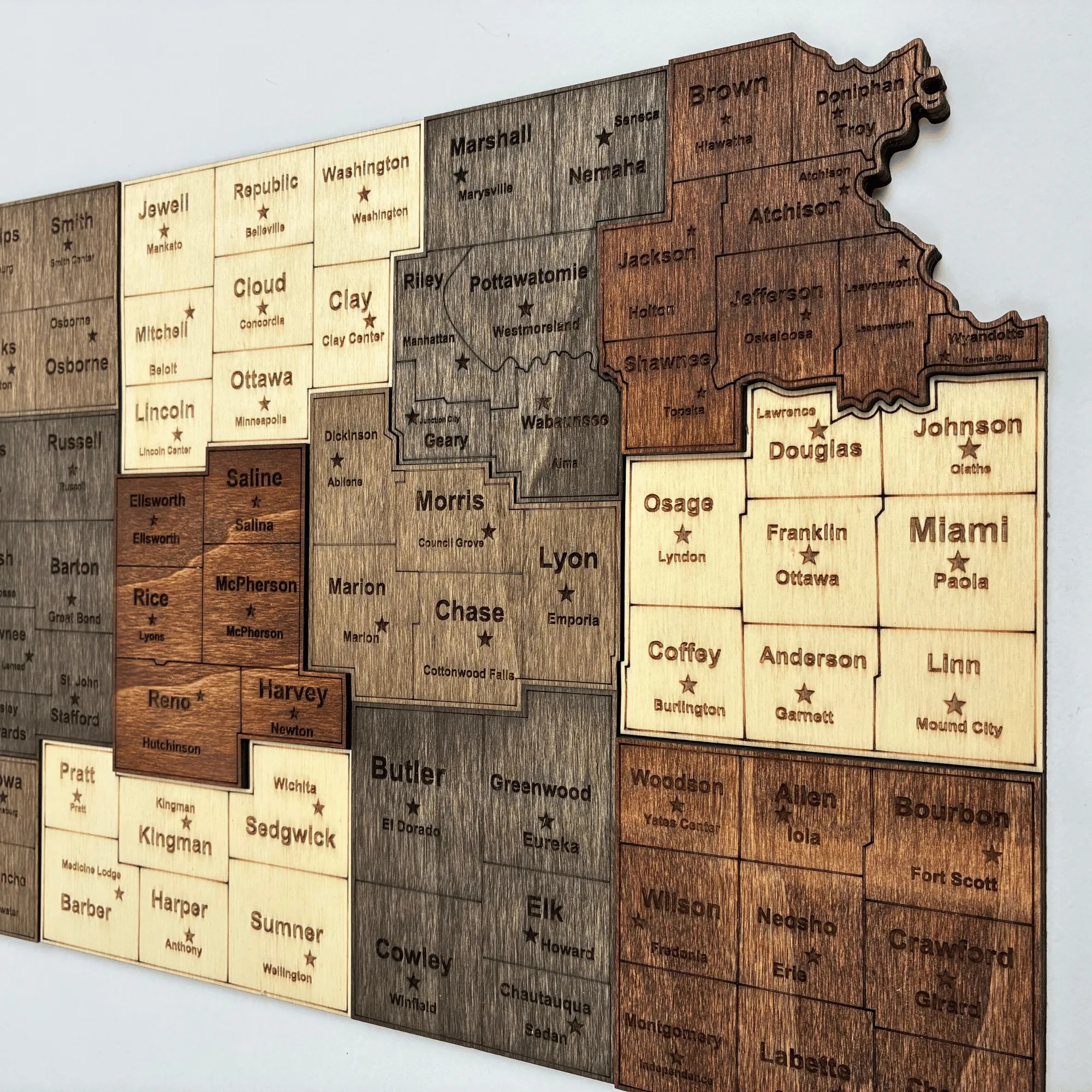 Wooden Kansas State Map – Grouped Counties Edition