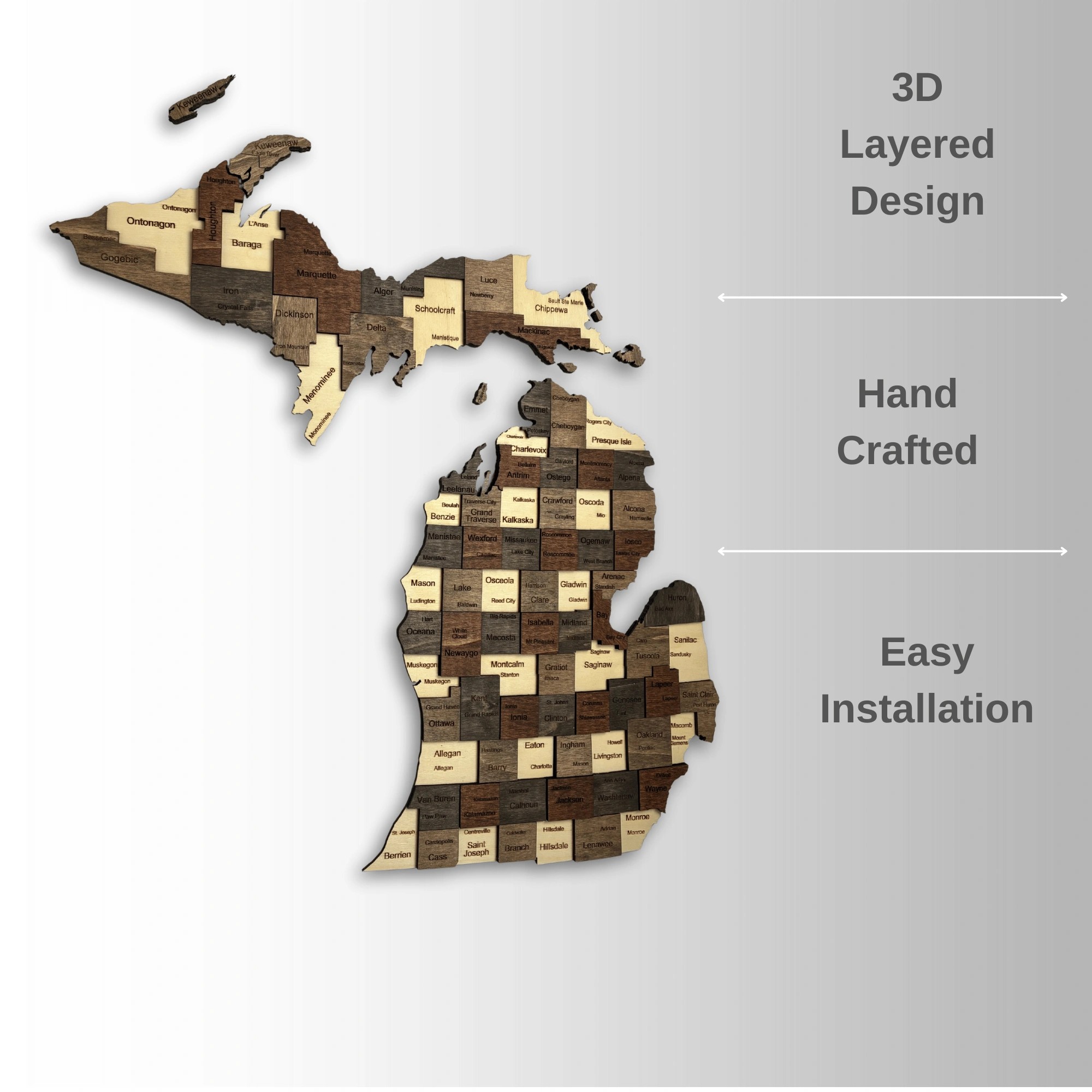 Wooden Michigan State Map