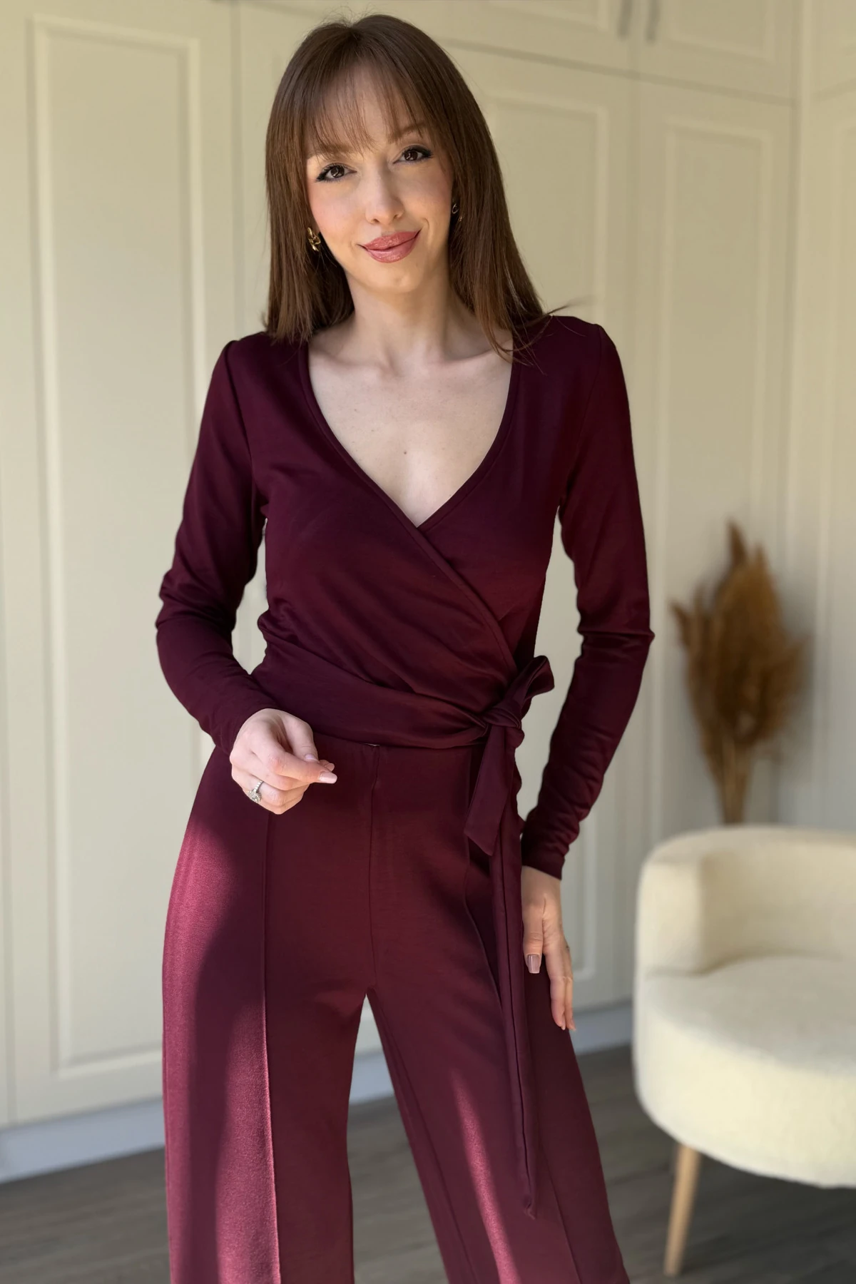 Modal Kumaş Bel Bağlamalı Alt Üst Bordo Takım