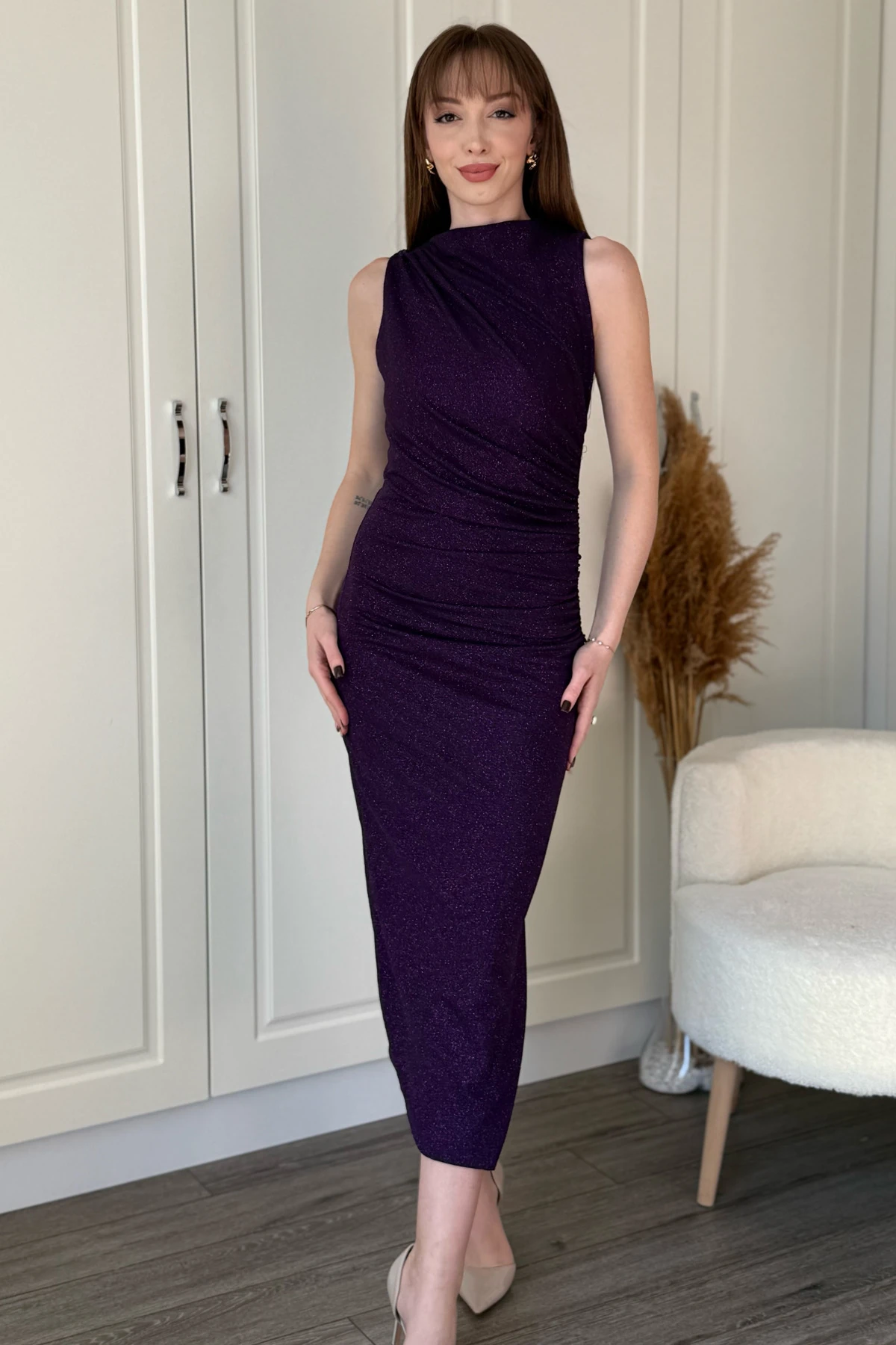 Simli Drapeli Kolsuz Şık ve Zarif Midi Elbise